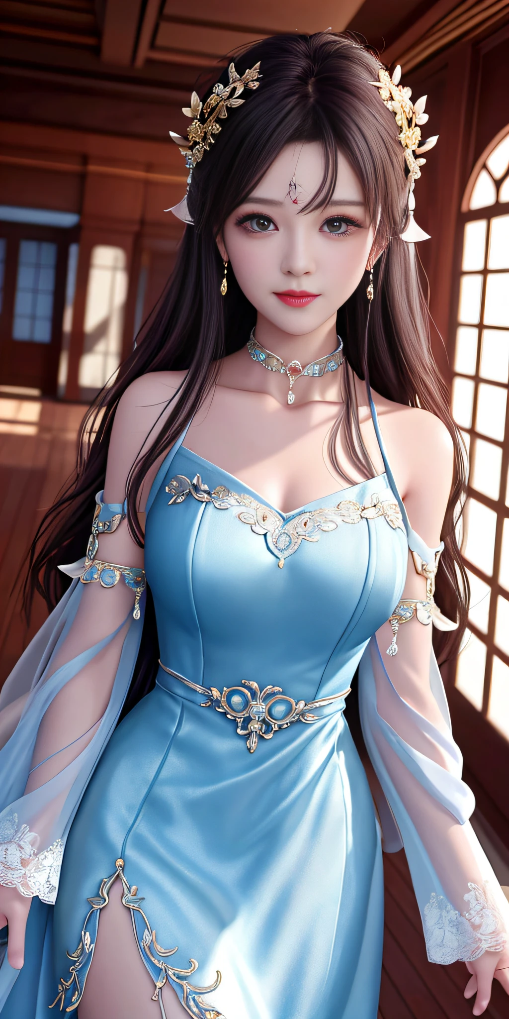 Best quality、a masterpiece、high resolusion、Girls 1 pc、Sheer silk porcelain dress、Nice face、hair ornament、looks at the viewer、smiled、Shut your mouth、Lips、One Piece Dresses、Sexy beautiful legs,Plump breasts,hair ornament、Choker、JEWELRY、length hair、earings、Pretty Face、On the body、Tindal effect、realistness、Shadow Studio、edge lighting、Two-Color Lighting、(highdetailedskin:1.2)、8k Ultra HD、DSLR、softlighting、High Quality,Volumetric Lighting,photograph of,High resolution 4K,8k,Blur the background