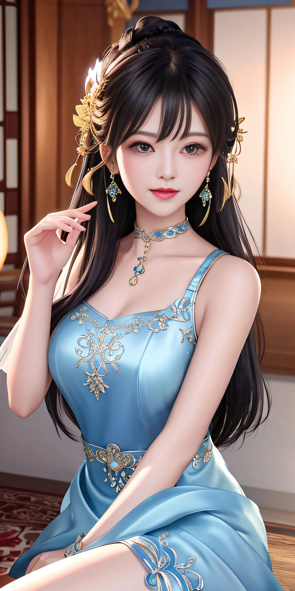 Best quality、a masterpiece、high resolusion、Girls 1 pc、Sheer silk porcelain dress、Nice face、hair ornament、looks at the viewer、smiled、Shut your mouth、Lips、One Piece Dresses、Sexy beautiful legs,Plump breasts,hair ornament、Choker、JEWELRY、length hair、earings、Pretty Face、On the body、Tindal effect、realistness、Shadow Studio、edge lighting、Two-Color Lighting、(highdetailedskin:1.2)、8k Ultra HD、DSLR、softlighting、High Quality,Volumetric Lighting,photograph of,High resolution 4K,8k,Blur the background