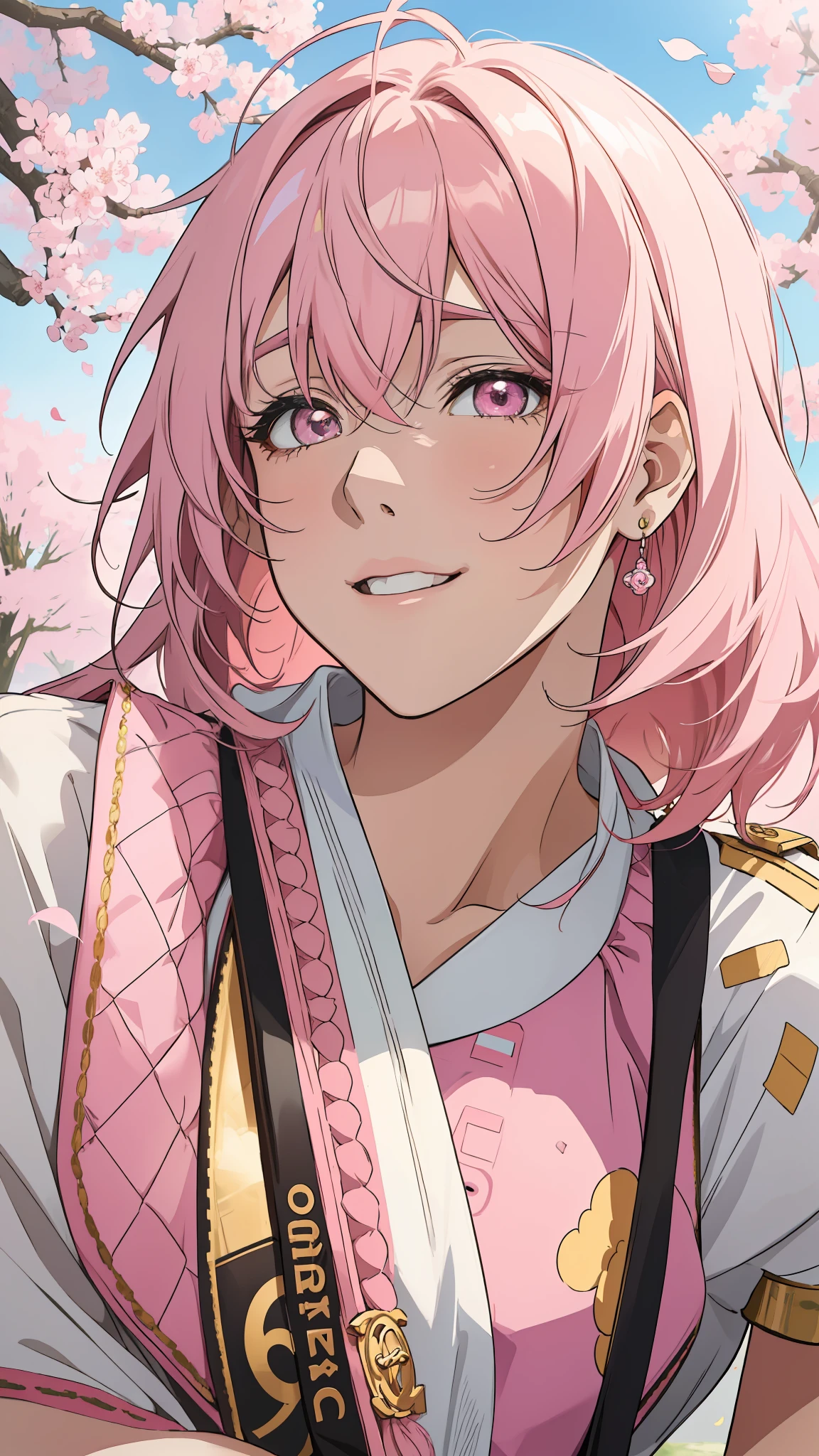 ((Anime style)), ((best quality)), ((masterpiece)), ((HDR+)), (best performance), (best lighting), (a college girl with pink Chanel hair with fringes), slight smile, wearing a school uniform, in a [college road background on a Sakura tree falling petals], [Wlop], [Takehino Inoue], [Oh! Great]