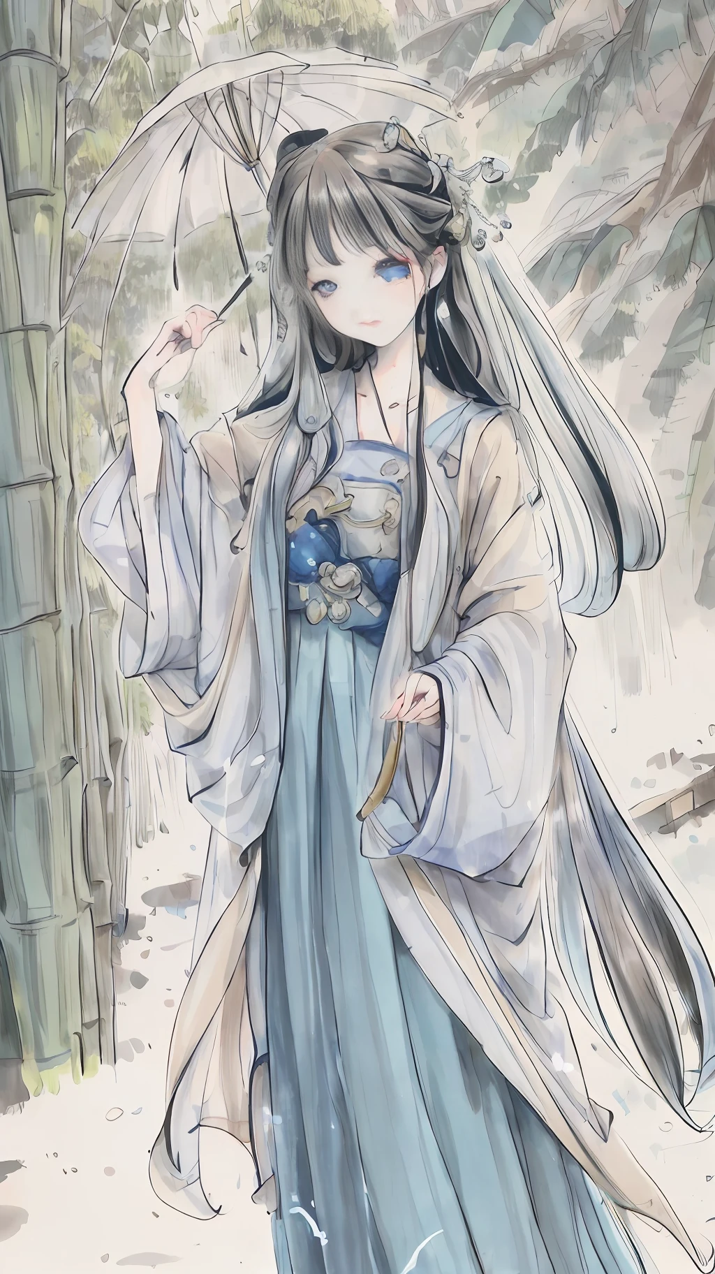 a masterpiece，Bestquality，Official Art，8k wallpapers，RAWExtremely detailed，illustartion，1 girl，blue hair，length hair，Detailed eyes，bamboo forests，Bare Shoulders，lakes，pure，soft smile，little bit of raining，boat，