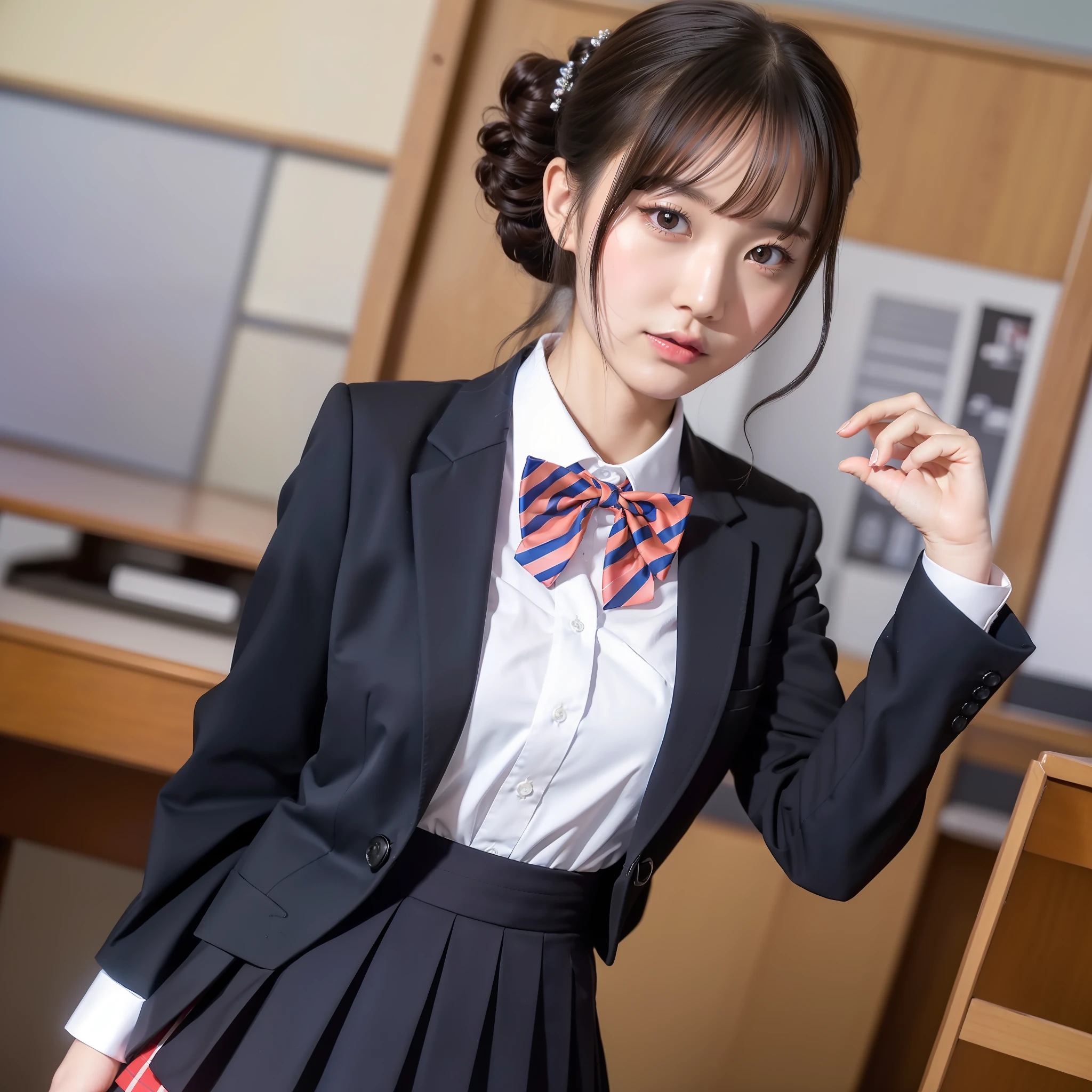 (Best quality, 8k, 32k, Masterpiece, UHD:1.2), Photo by 14mm lens, Pretty Japanese idol, Black hair, half updo, round face, bangs,slender, medium breasts, JK Skirts, school uniform, JK_style, bow tie, classroom, kyoushitsu