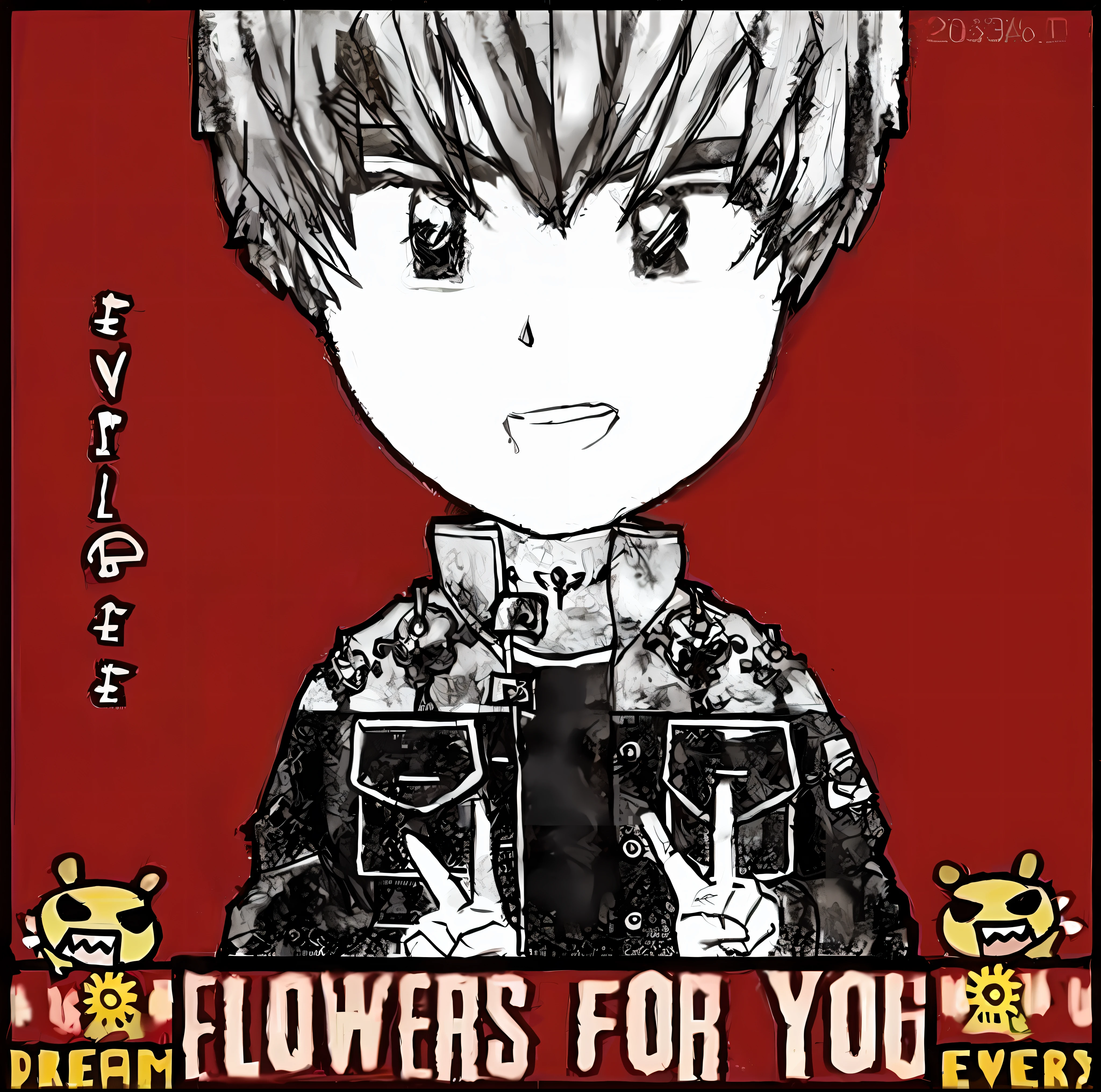 a picture of a drawing of a boy with a red background,, official fanart, anime cover, cute