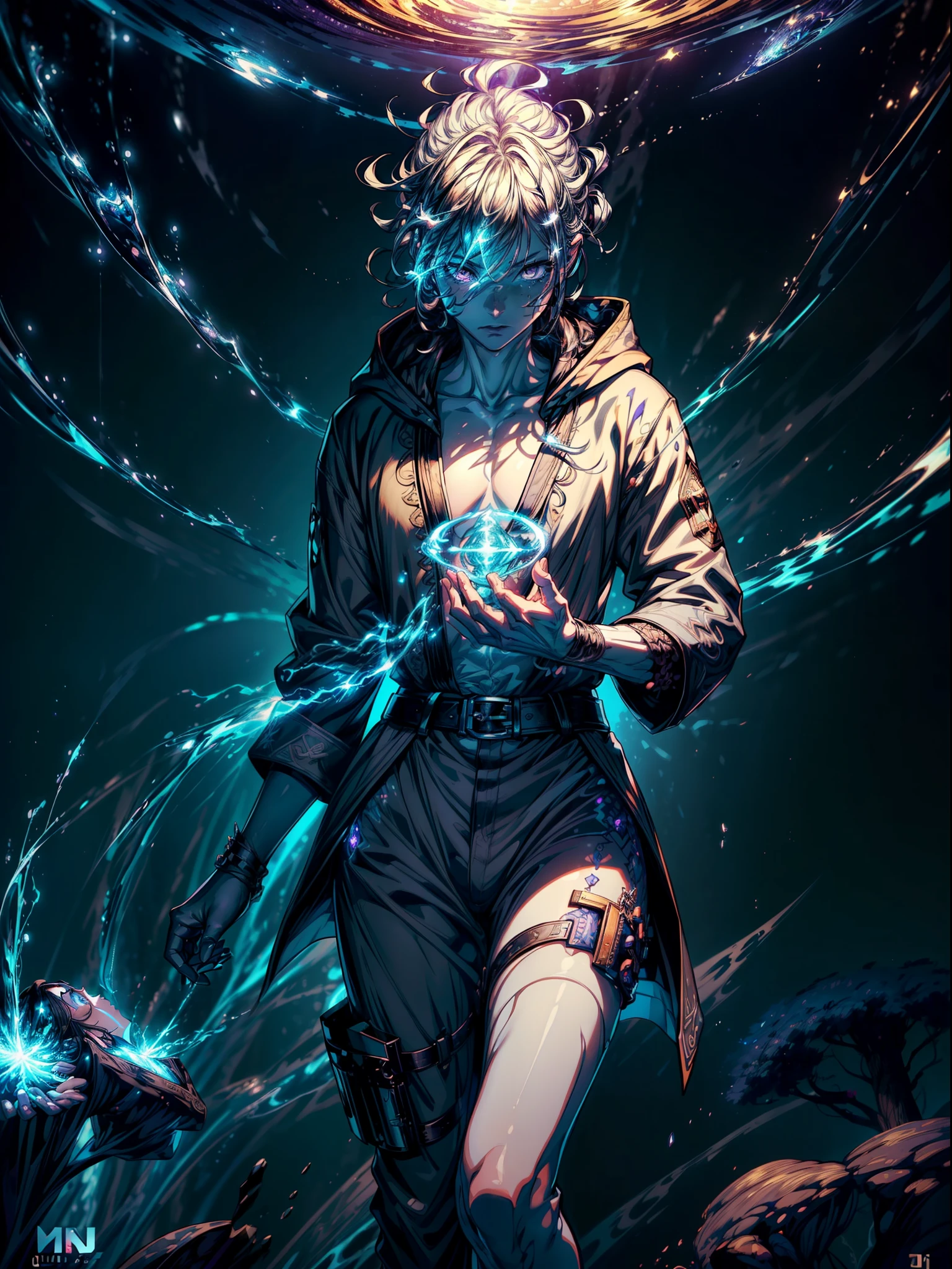 ((Best quality)), ((masterpiece)), ((highly intricate details)),beautiful, high quality, highres, absurdres, light difussion, intricate details, complex details, ((anime)), (anime:1.2) , (perfect face:1.3), extreme detailed eyes, colorful, highest detailed, vibrant colors, high contrast, (8K UHD:1.2), (photorealistic:1.2),(masterpiece:1.4), (best quality:1.4),extremely detailed wallpaper, highly detailed illustrations, ((1 Girl)), (best lighting) , (super-complex details) , 4K unified, (super-detailed CG: 1.2) , (8K: 1.2),(original), (masterpiece) , (best quality) , (reality: 1.3) , photorealistic, Octane rendering, (surreal: 1.2) ,(intricate details), (strong lighting:1.3), (light particles), best quality, best aesthetic, highres, an extremely delicate and beautiful, an extremely detailed and delicat, (masterpiece:1.2, best quality), (masterpiece), (best quality), (minute details), (intricate details), (wallpaper), (8k hd), raytracing, (A human who emits an aura from his body:1.4), (purple energy light emanates from his body:1.4), (finely detailed beautiful eyes:1.2), (symmetrical eyes:1.2), (big highlight on eyes:1.3), detailed face, detailed eyes, extremely detailed CG unity 8k wallpaper, 1boy, young boy, epic scene, heterochromia, (((white and black eyes))), blonde hair, wizard, (((fantasy fashion))), (((outer brown coat))), ((kimono sleeves)), ((wizard coat)), ((coat with hoodie)), ((inner white yukata)), ((tactical black cargo pants)), ((military leather boots)), (lightning discharge lightning effects:1.2), (electrocution:1.3), (masterpiece:1.4), (illustration:1.2), (best quality:1.4), (best aethetic:1.2), (beautiful art:1.4), (ultra-detailed:1.4), (8k), (HDR), (sharp focus), (intricate), fullbody pic, dynamic pose, epic pose, signature, unwearing hoodie,silhouette, light particles,silhouette, light particles,((upper_body))