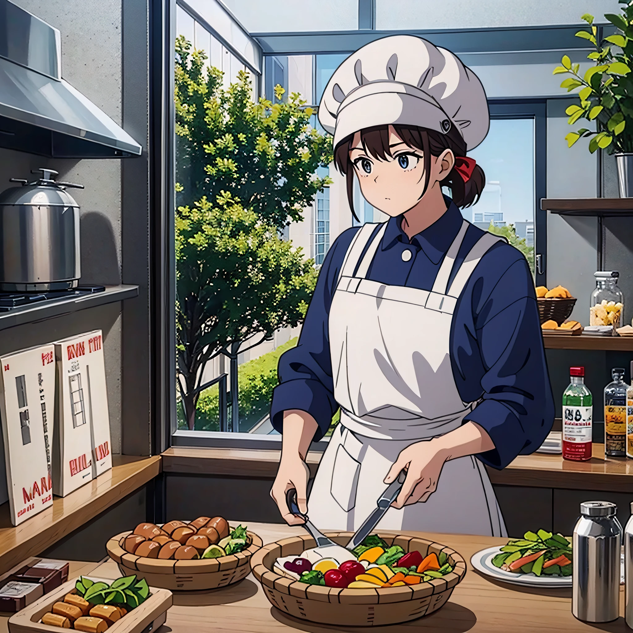 [Have fun working with materials,A chef in a white apron and hat prepares a salad in a panoramic view. In Side View, the surreal, 4K-level surreal engine creates a photorealistic and delightful everyday life.] --auto --s2