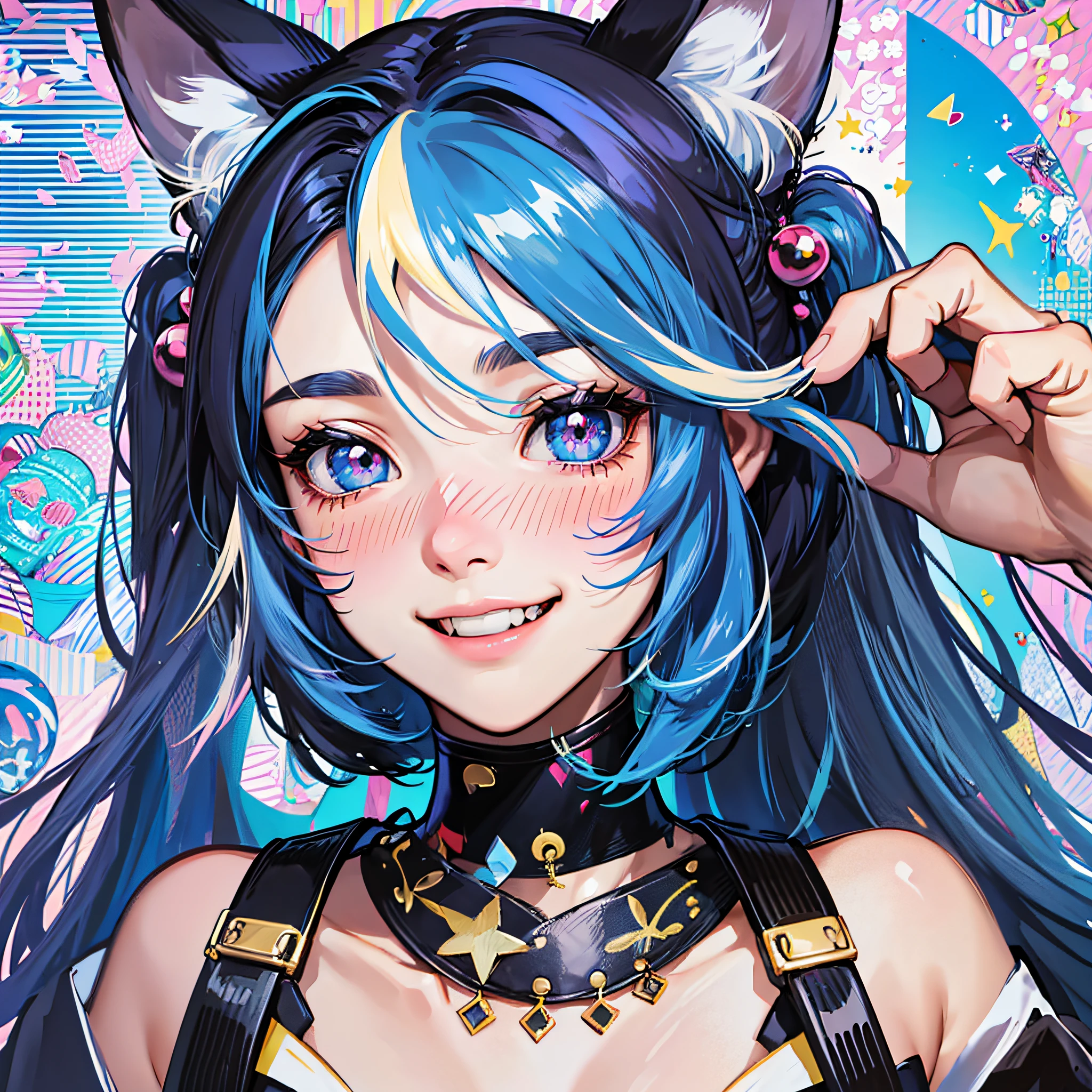 black hair, hair bobbles, wince, longeyelashes, solid circle eyes, fake animal ears, light smile, ear blush, fang, blue hair, very long hair, smile, happy, multicolored hair, musical note hair ornament, multicolored eyes, smile, light smile, happy, Surrealism, drop shadow, close-up, ray tracing, Pop art, anime style, Pop art, 8k, super detail, ccurate, best quality, high details --auto --s2