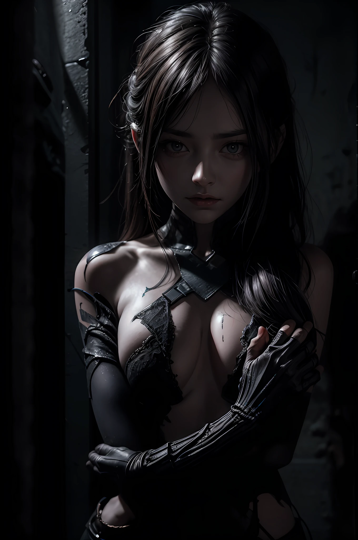 official art, unity 8k wallpaper, ultra detailed, beautiful and aesthetic, masterpiece,best quality, a naked girl in a dark dungeon, as a prisoner, sad and scared look, covering her naked body with her arms, decayed zombie hands reaching out to her, multiple hands, skeleton hands, decayed arms, glowing eyes behind her, sombre and hopeless, dark dramatic lighting, vignette, depth of field