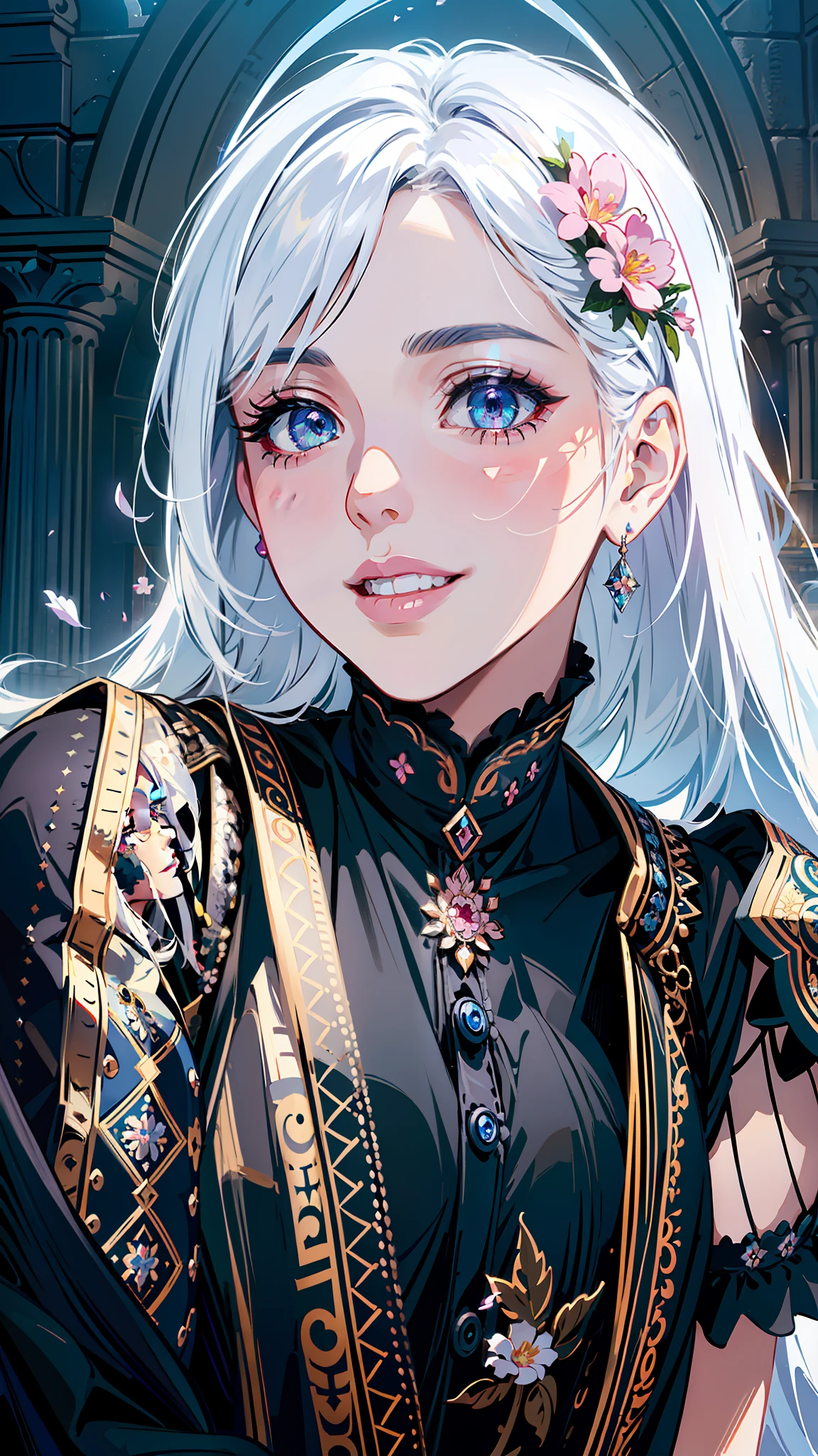 masterpiece, best quality,
1girl, (colorful),(finely detailed beautiful eyes and detailed face),cinematic lighting,bust shot,extremely detailed CG unity 8k wallpaper,white hair,solo,smile,intricate skirt,((flying petal)),(Flowery meadow)
sky, cloudy_sky, building, moonlight, moon, night, (dark theme:1.3), light, fantasy,