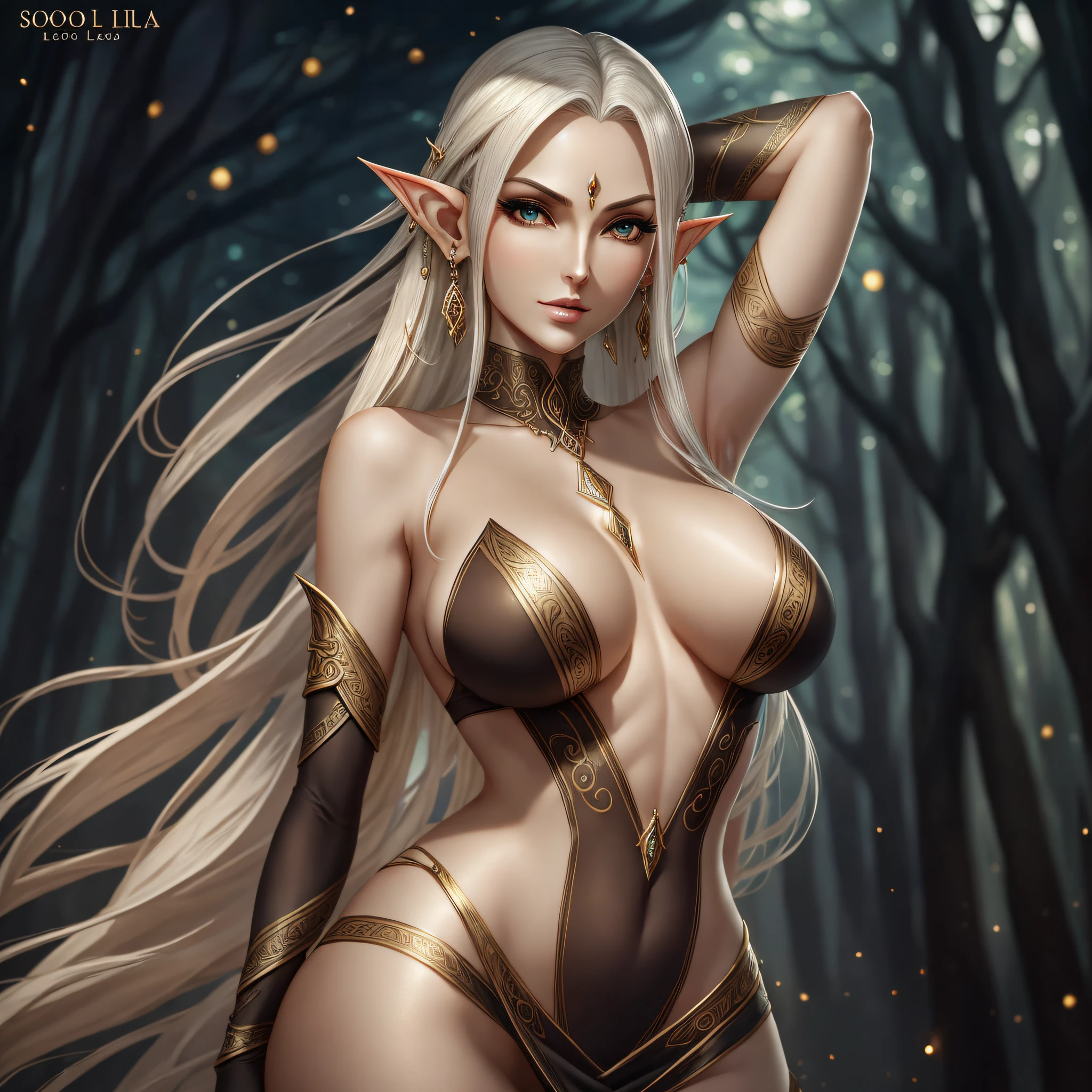 Slender and mature, an Elf with large pointy ears, almost drooping, with several earrings and large breasts and a wide hip, emphasized by her dress;, seu cabelo loiro contrasta com seus olhos azuis enquanto ela elegantemente caminha --auto --s2