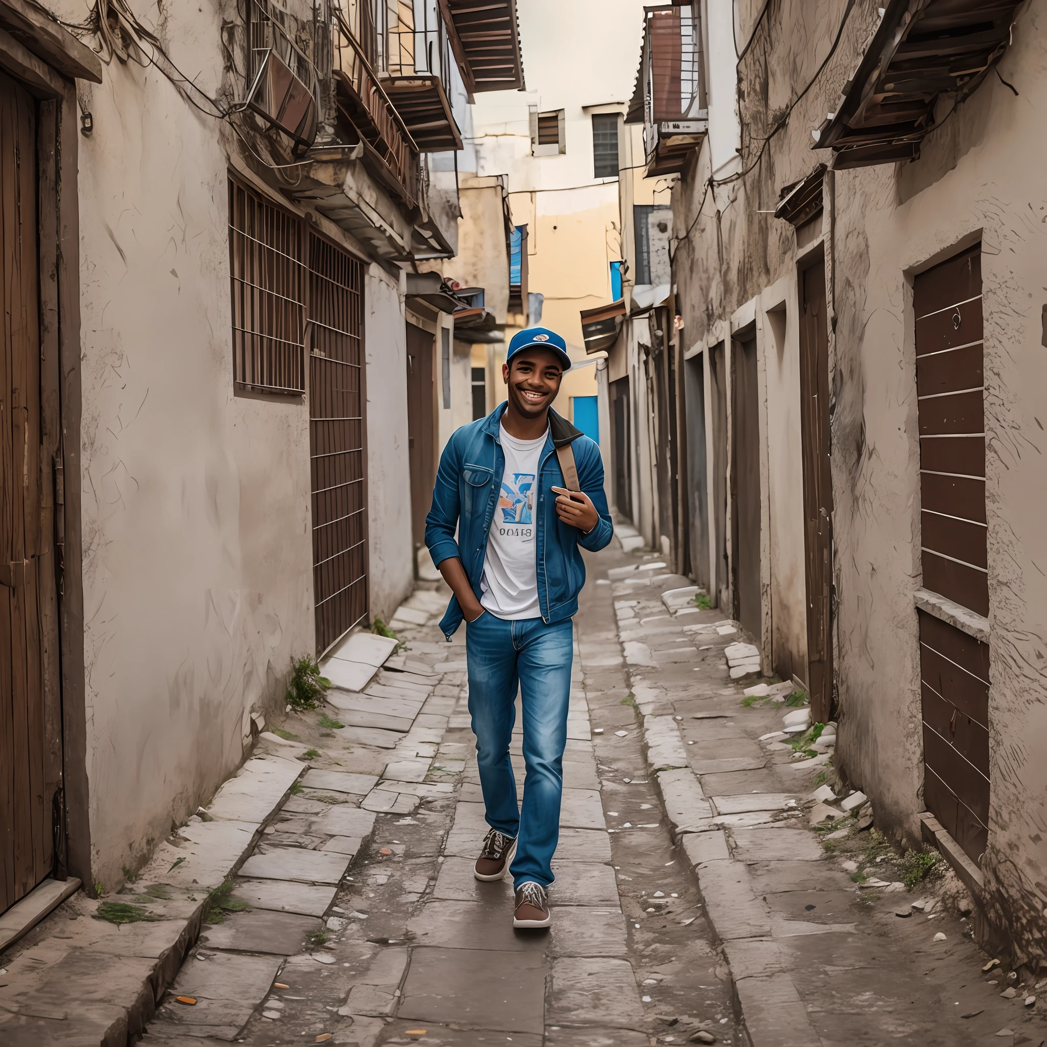 Young man smiling looking at the camera, caminhando por uma longa passarela com uma mochila, o homem tem uma mochila,aproximando-if from the camera, homem andando pela cidade, com uma mochila, um homem usando uma mochila, vagando pela cidade, Standing in a front alley , Tiro em Sony A 7 III, walking towards camera, em um ambiente urbano --auto --s2