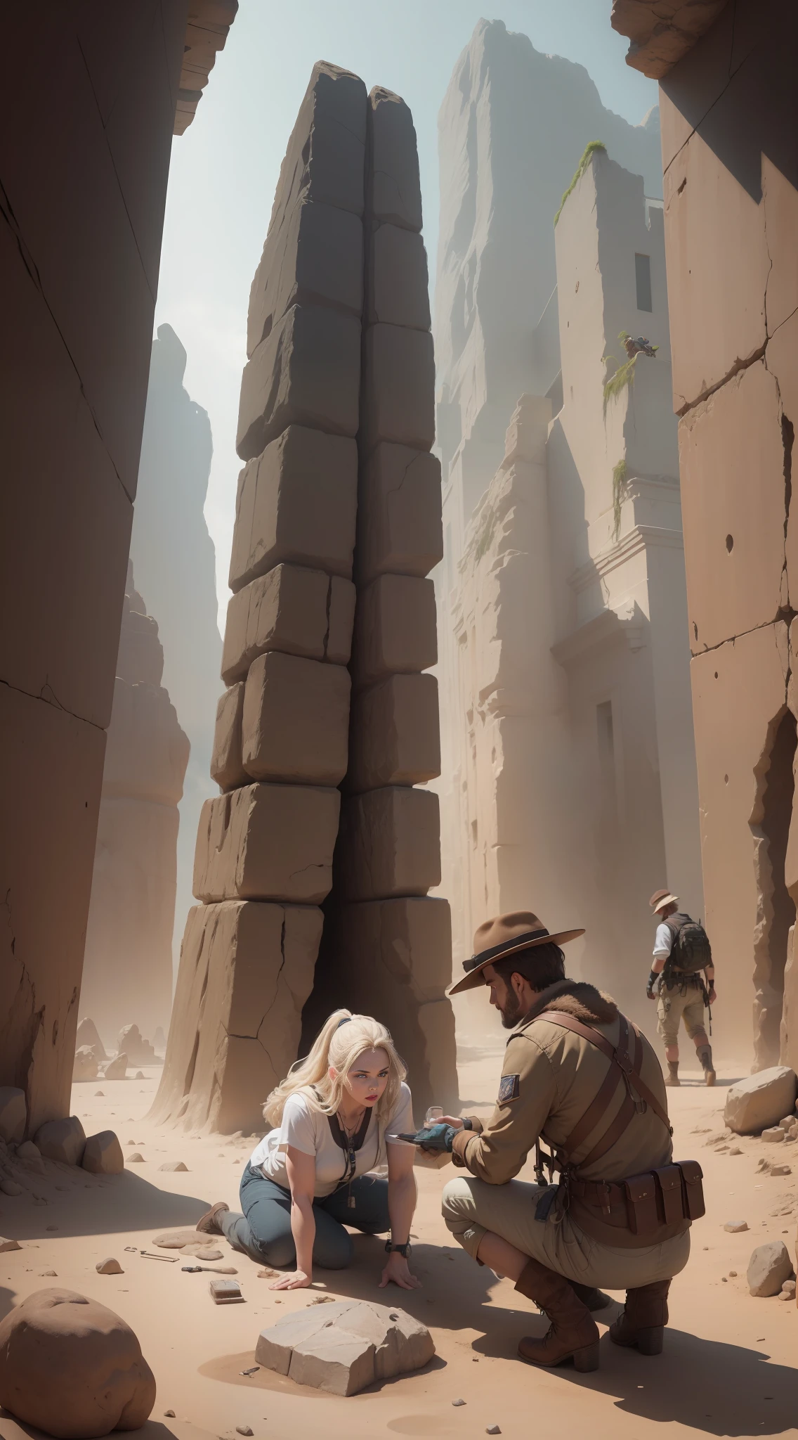 Create an 8K visual representation of an archaeological discovery showing scientists examining a fossil of a giant bone --ar 16:9, Octane Rendering, 8K, feito de cristais, fotografia de celebridades, Fashwave, amber, Pigeoncore, dar al set