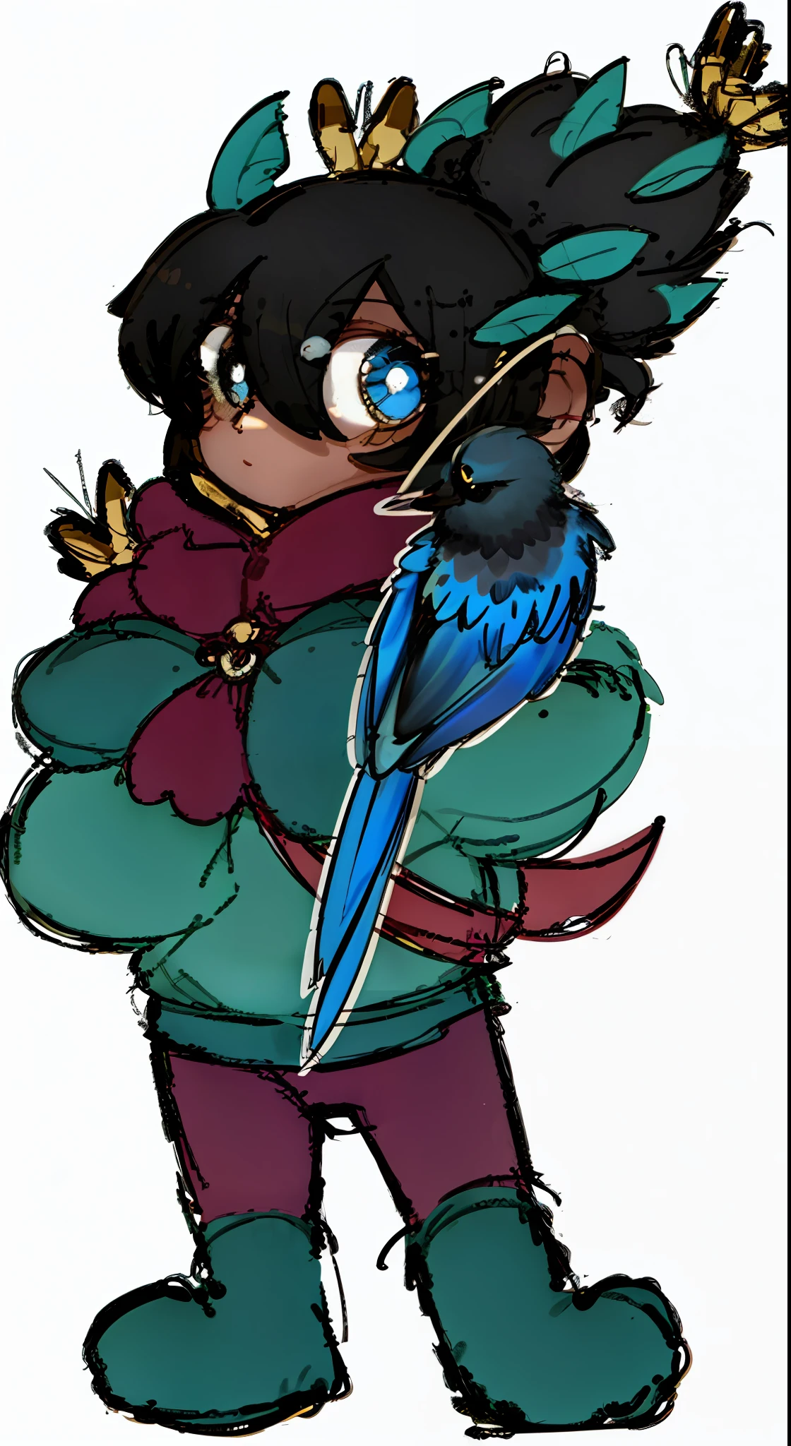 A realistic image of a girl holding a blue bird in her arms. Com cabelo encaracolado com folhas e borboletas
