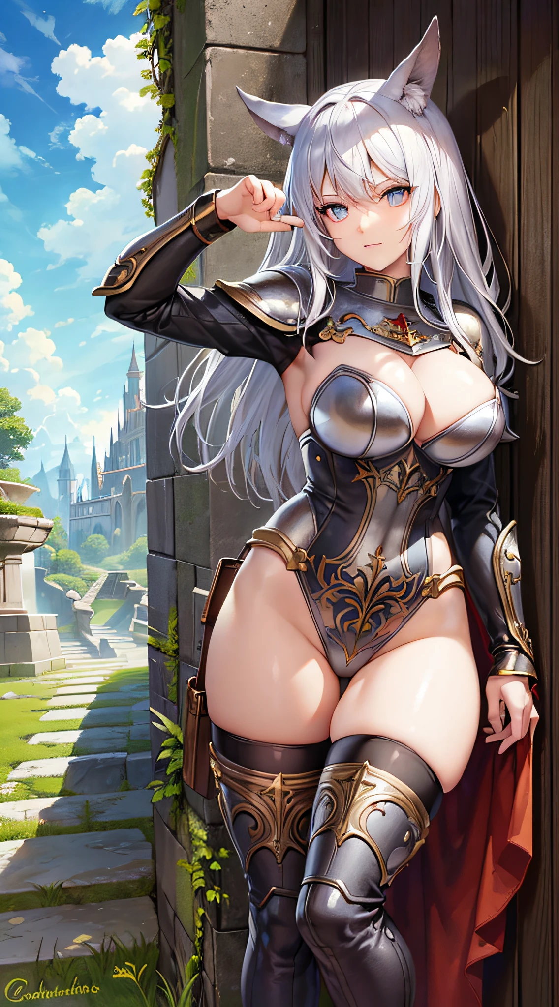 (Masterpiece:1.2), Top Quality, Absurdity, High Detail, Sharp Focus, Highly Detailed Face and Eyes, (Photorealistic:1.2), (Full Body Shot:0.5), Cat-Eared Girl,, Attractive Face, (White Hair:1.2), Red Hair, Shy, Well Drawn Hands, Armor, (Metal Thigh High:1.4), Wearing War_Glam, War_Glam, Helmet, ( Dark gold-red costume armor:1.2), sexy pose, seduction, paladin, knight, valkyrie, captain, fantasy, summer light, divine rays, ancient city, castle, palace, garden, decoration, outdoors, sunlight, standing, random angle,