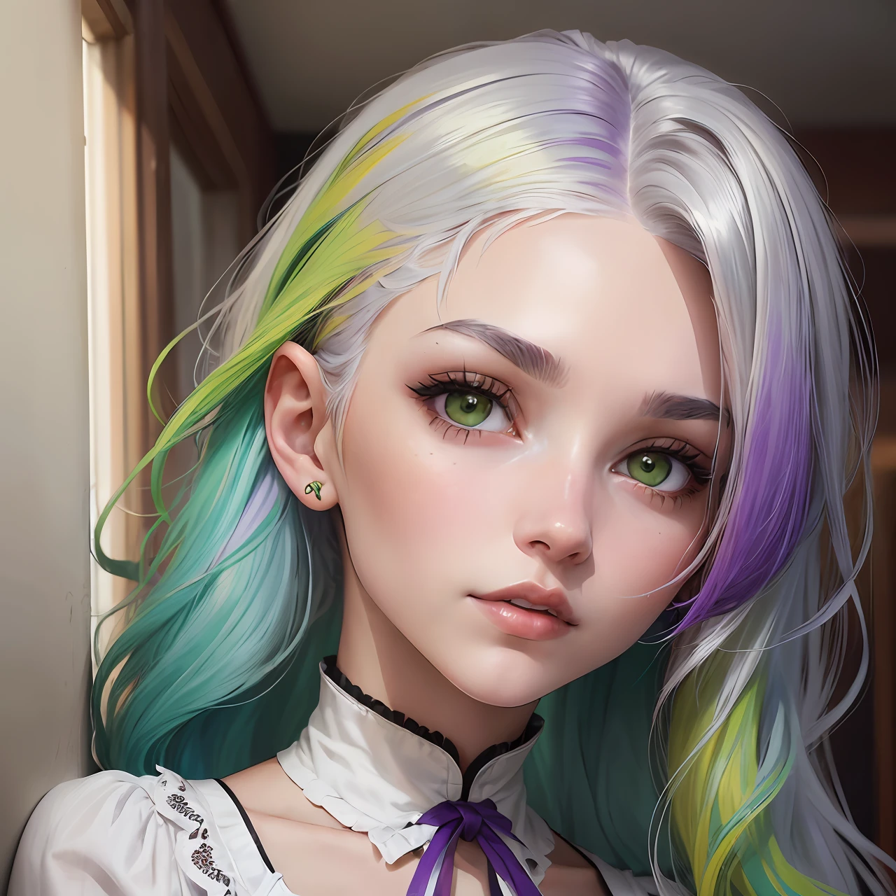 (uma linda garota com cabelos coloridos,formato retrato,olhos detalhados,portrait),imagens ultra-detalhadas,qualidade excepcional,angle dynamics,dynamic pose, [((multicolored_hair:1.3+silver hair:1.2+red hair:1.2+purple hair+yellow hair:1.3+green hair:1.3),(beautiful face:1.2,neck ribbon,white clothes),daylight]),watercolor]