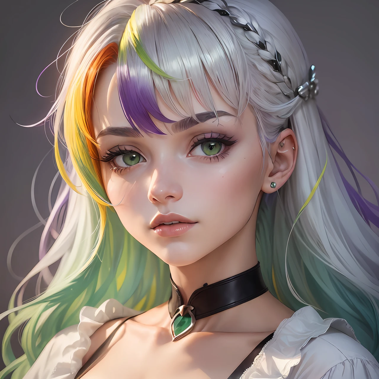 (uma linda garota com cabelos coloridos,formato retrato,olhos detalhados,portrait),imagens ultra-detalhadas,qualidade excepcional,angle dynamics,dynamic pose, [((multicolored_hair:1.3+silver hair:1.2+red hair:1.2+purple hair+yellow hair:1.3+green hair:1.3),(beautiful face:1.2,neck ribbon,white clothes),daylight]),watercolor]