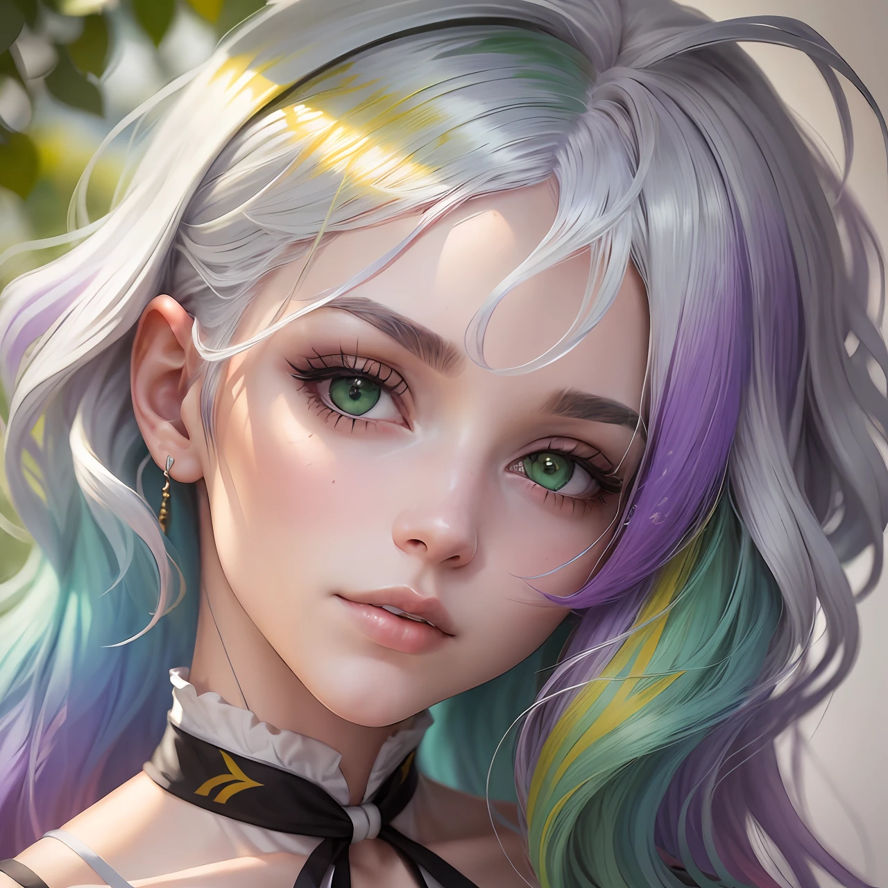 (uma linda garota com cabelos coloridos,formato retrato,olhos detalhados,portrait),imagens ultra-detalhadas,qualidade excepcional,angle dynamics,dynamic pose, [((multicolored_hair:1.3+silver hair:1.2+red hair:1.2+purple hair+yellow hair:1.3+green hair:1.3),(beautiful face:1.2,neck ribbon,white clothes),daylight]),watercolor]