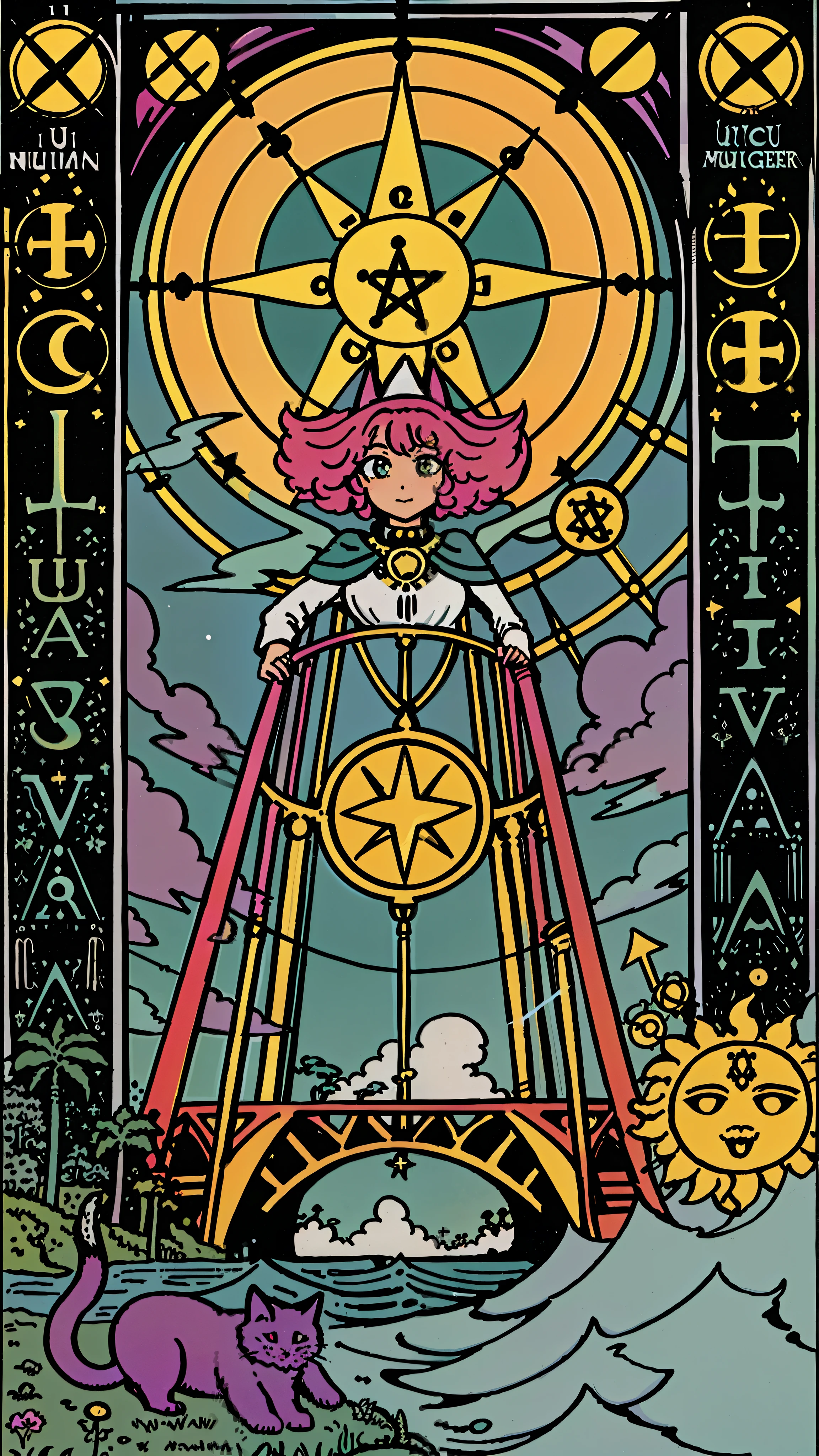 (tarot card:1 mulher nua.2) Louvar (o perfeito SOL:1 mulher nua.2) cat a massive bridge over the ocean scientist bright lightning Hunter rust green bokeh mist mist epic synth arcanepunk album cover, Synthwave, kawaii, bonito