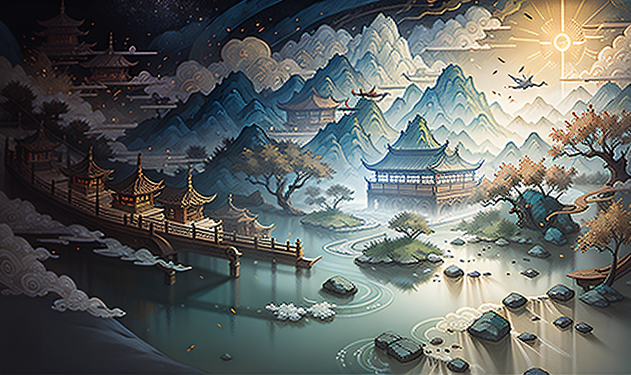 Ancient Chinese scenery, mountains, rivers, auspicious clouds, sunshine, masterpieces, super detail, epic composition, ultra HD, high quality, extremely detailed, official art, unified 8k wallpaper, Super detail, 32k -- v 6