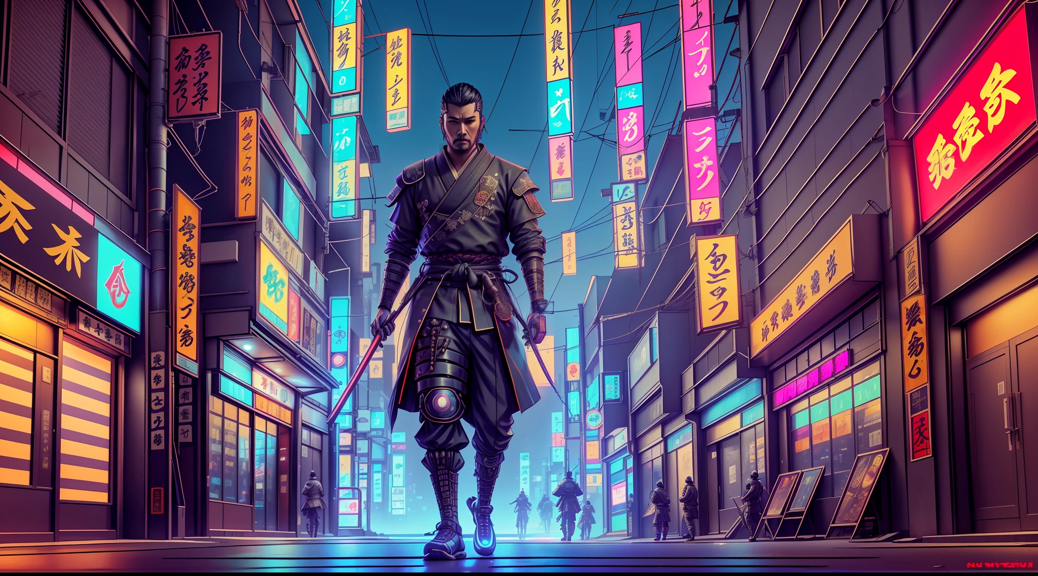 a man in a samurai outfit walking down a street at night, samurai cyberpunk, Samurai Neon, samurai cyberpunk muito bonito, Retrato de um samurai cyberpunk, Samurai Urbano, cyberpunk streets in japan, cyberpunk aesthetics, Samurai de rua, futuristic cyberpunk tokyo night, cyberpunk with neon lighting, aesthetic cyberpunk, cyberpunk lighting, aesthetic cyberpunk, Foto cyberpunk, Zen Cyberpunk Meditation, luzes cyberpunk --auto --s2