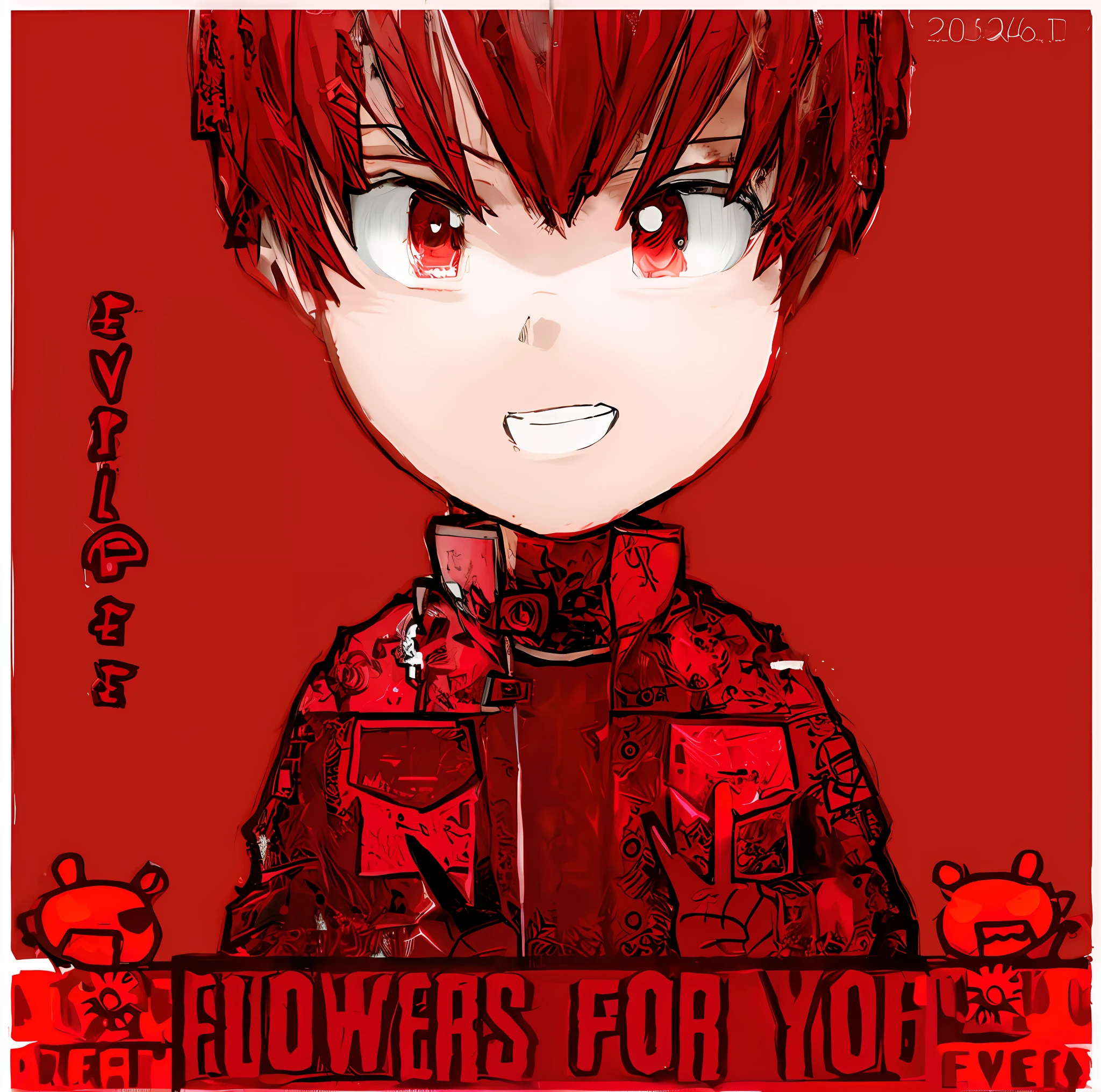 anime drawing of a boy with a red background and a black and white picture, cute, pixiv style, fanart,Clench your hands into fists