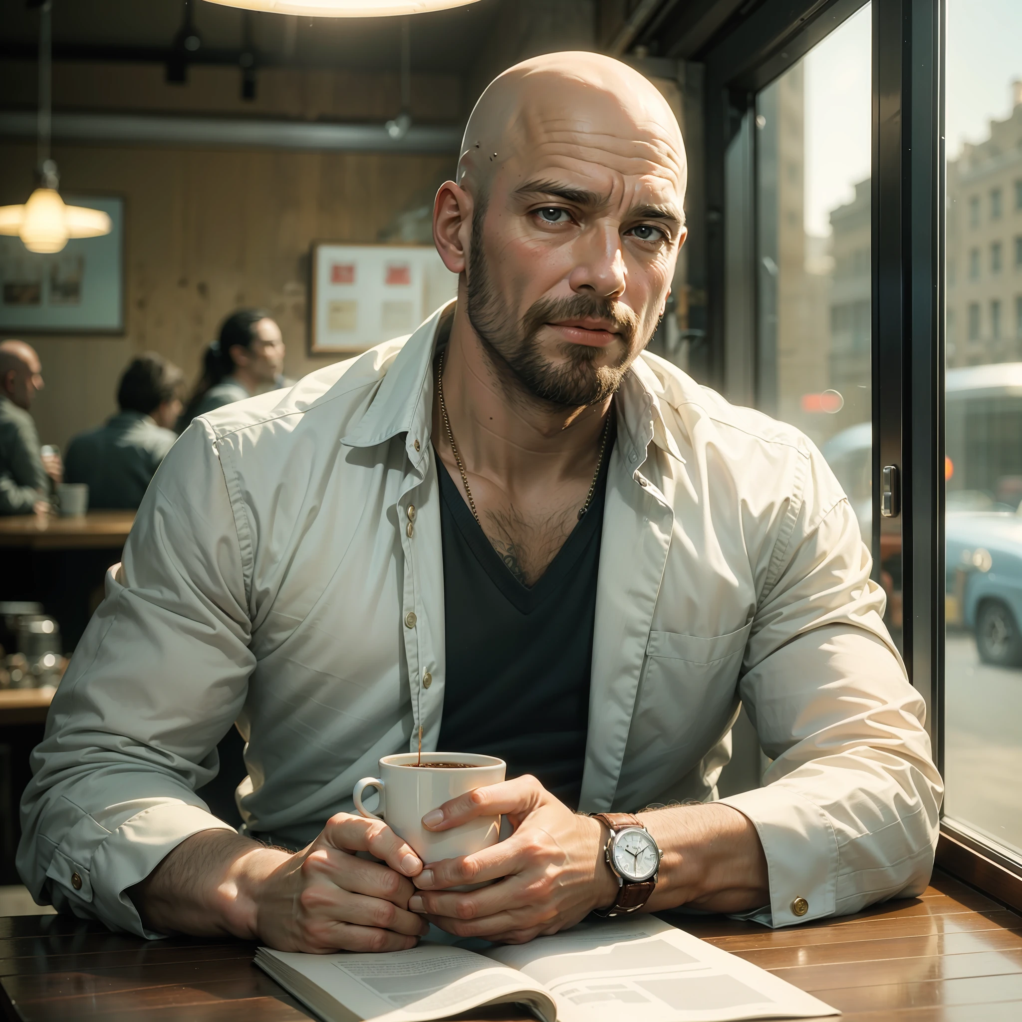 Hyper-realistic image from the 1970s of a bald man in his 30s sitting in a coffee shop in Russia. He wears an elegant outfit. with the man and the coffee shop in the background. The lighting is soft and natural, highlighting the watch's details.