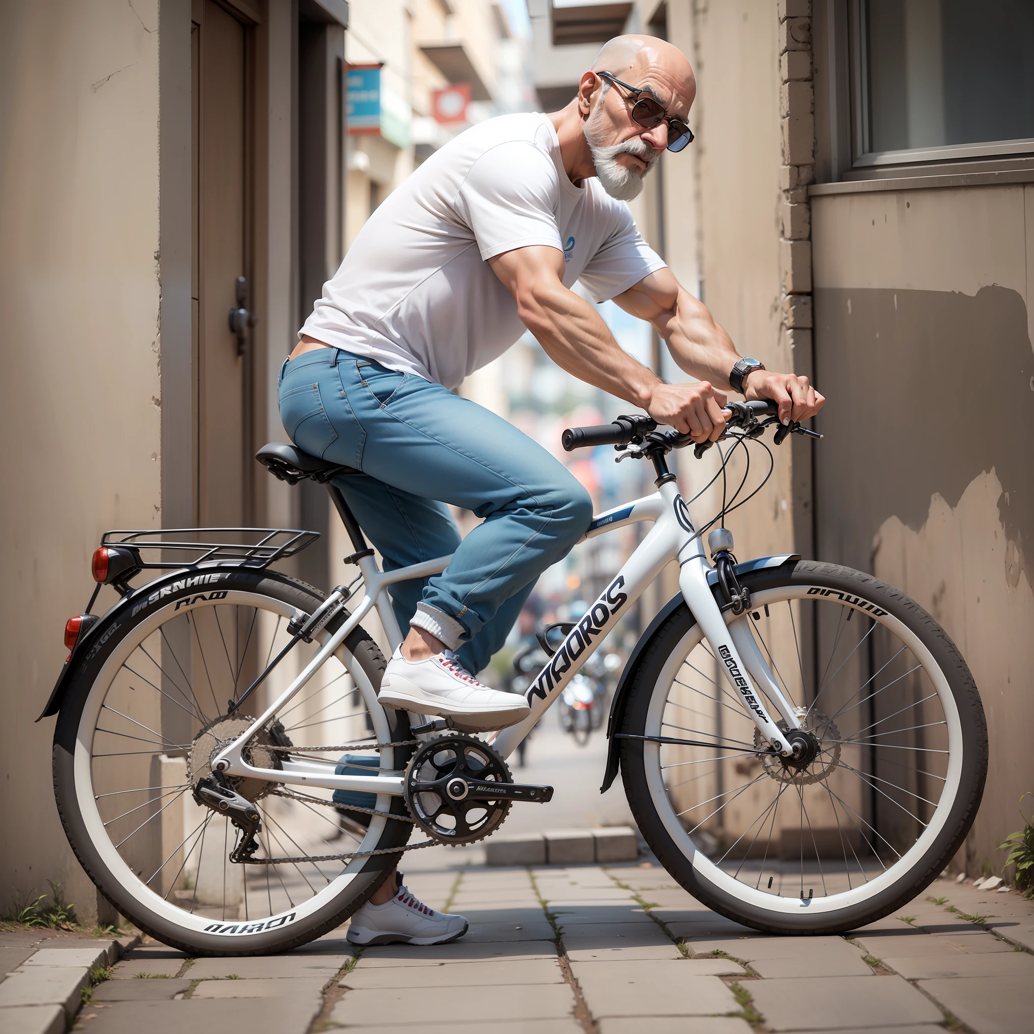 homem masculino de 55 anos branco, careca, barba branca, usando oculos escuro, com agasalho esportiva vermelho, jean pants, tenis branco, segurando uma montainbike, numa rua movimentada.