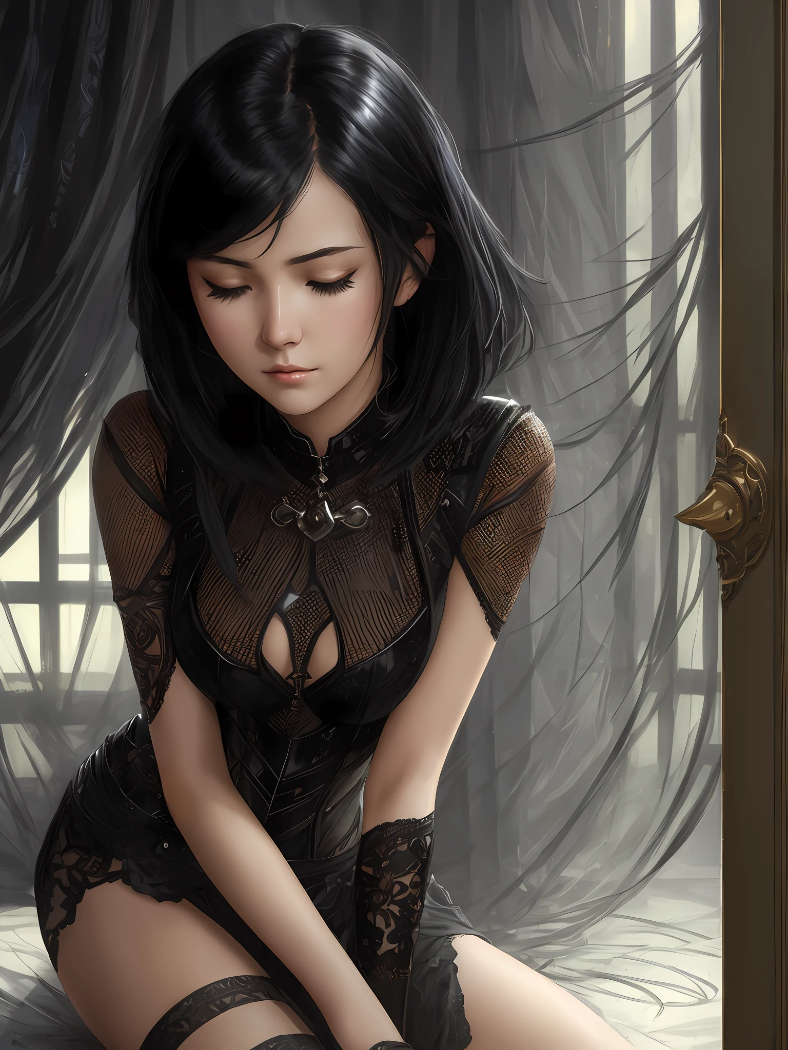 alluring highly detailed close-up wallpaper of beautiful teenage woman with black haired wearing a mesh clothes, sad face, sit on bedroom, closed eyes, short haired, tears on The face, goth style, darkness, very detailed, realistic, by Stanley Artgerm Lau, greg rutkowski, thomas kindkade, alphonse mucha, loish, norman