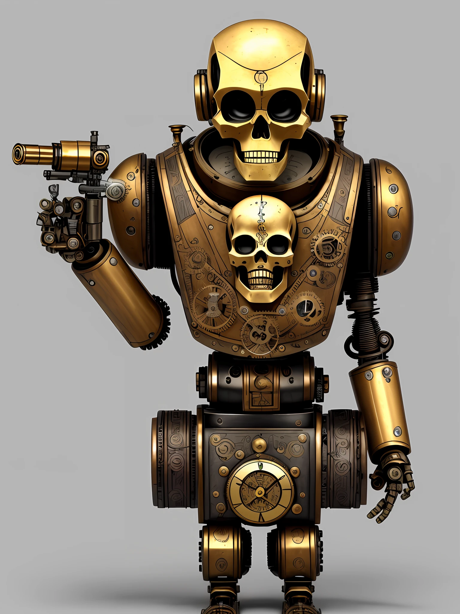 A steampunk robot, humanoide, with the head in the shape of a skull, com uma lareira na barriga que queima constantemente, que vende e fuma cigarro, usa uma cartola , usa uma espada e uma pistola antiga
