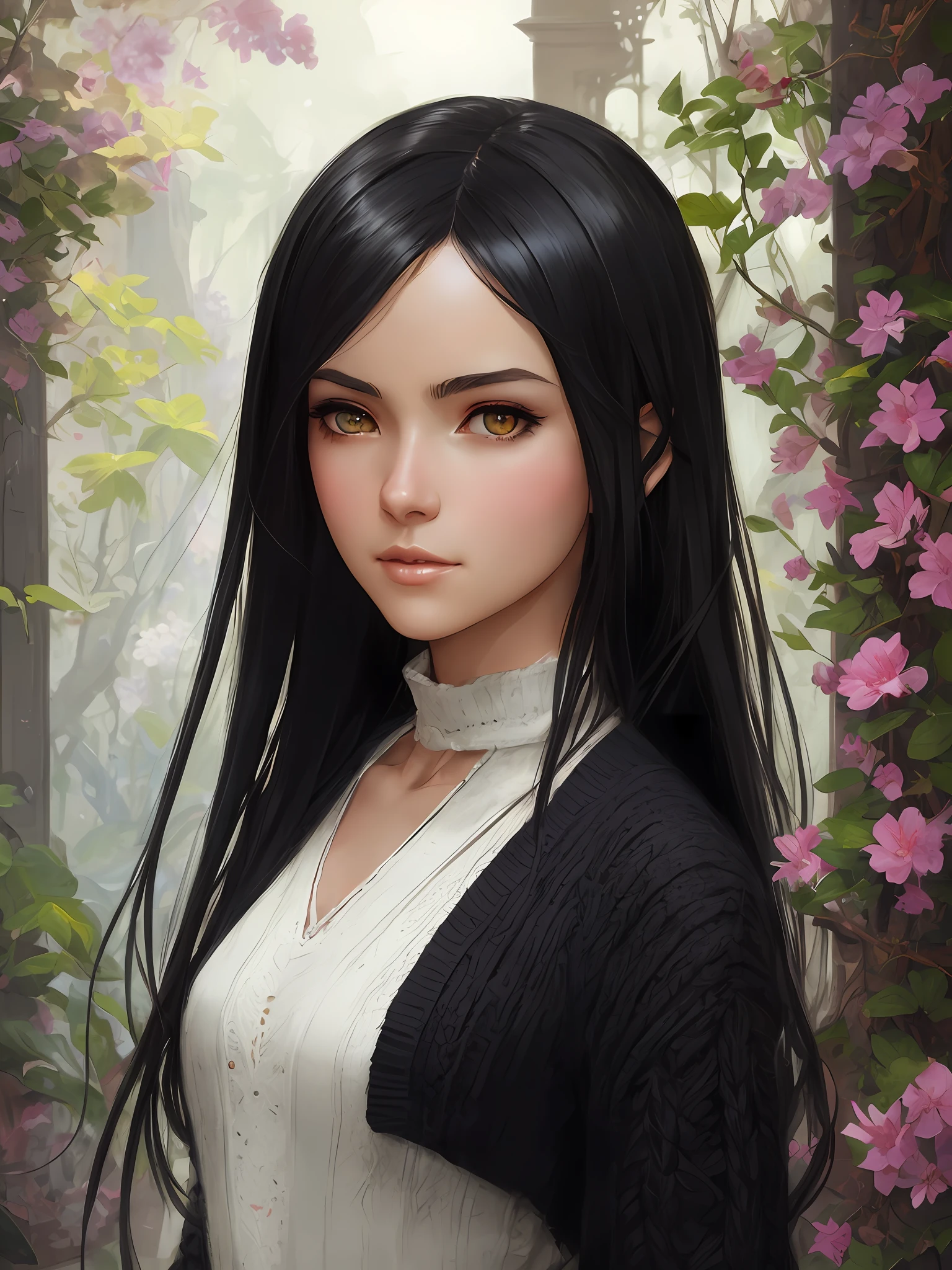 Fechamento altamente detalhado-Even portrait of beautiful teenage woman with black hair wearing a black knitted outfit, Cicatrizes, em um quarto escuro, rosto triste, olhos cinzentos escuros, cabelos curtos, tears on The face, goth style, darkness, muito detalhado, realistic, Direction: Stanley Artgerm Lau, Greg Rutkowski, Thomas Kindkade, Alphonse Mucha, Loish, Normando