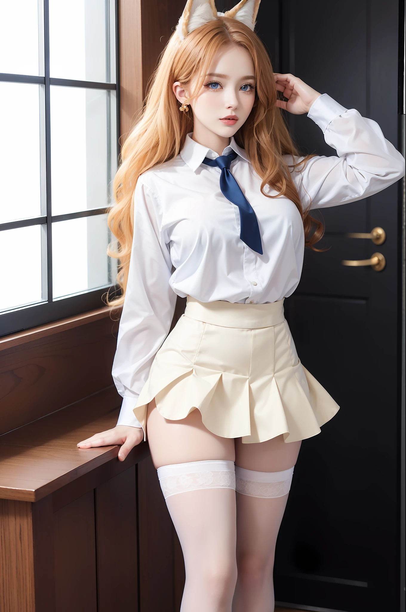 Woman with ,golden curly hair,Blue eyes,white fox ears,in a shirt, skirt and stockings