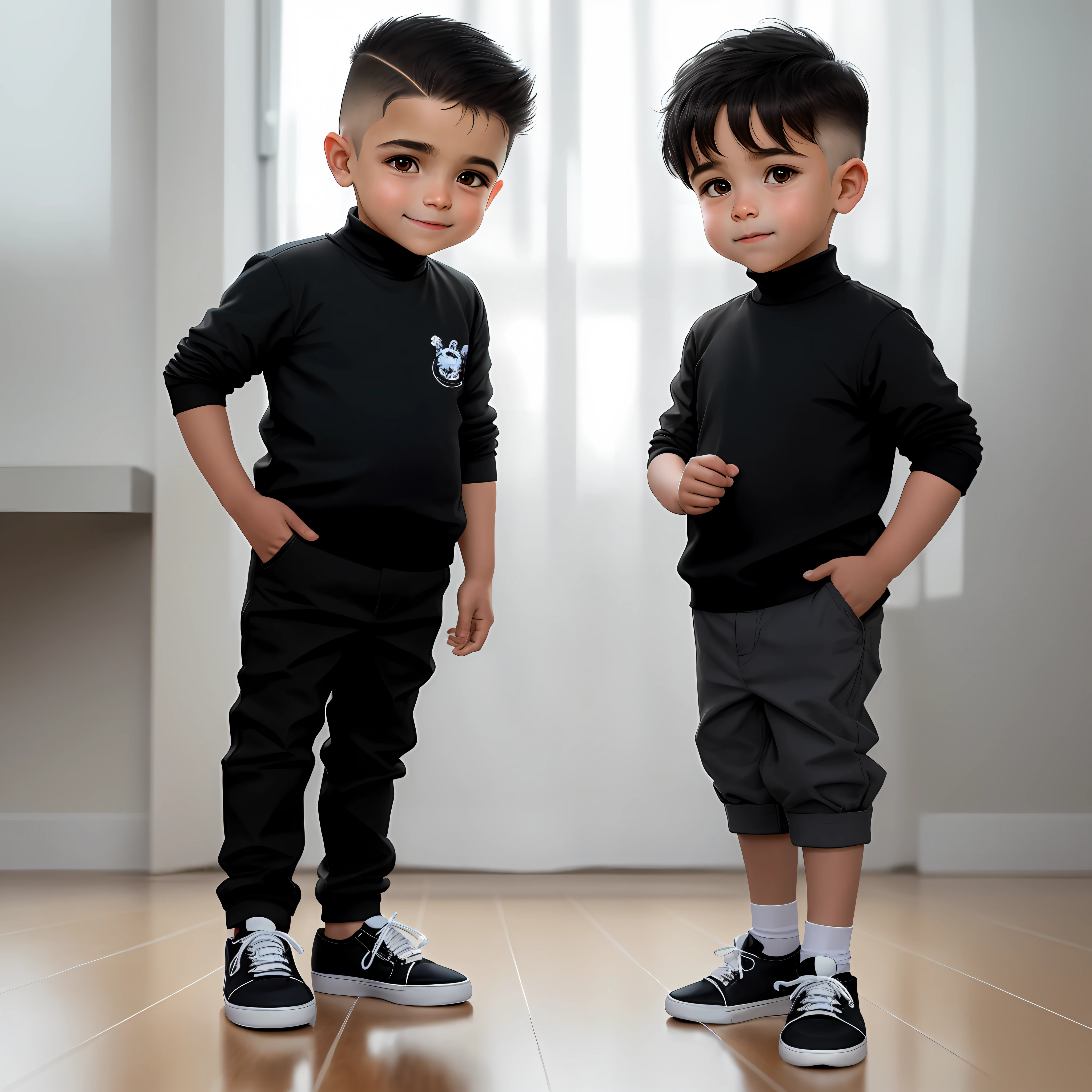 obra-antes, best illustration, Character Cute and cheerful baby boy with straight hair shaved style on the sides short straight, olhando para o espectador, em um fundo branco em pleno crescimento, in a black turtleneck shirt and black pants, black sneakers, imagem altamente detalhada, foco diferente, cinematic look, hiper detalhe