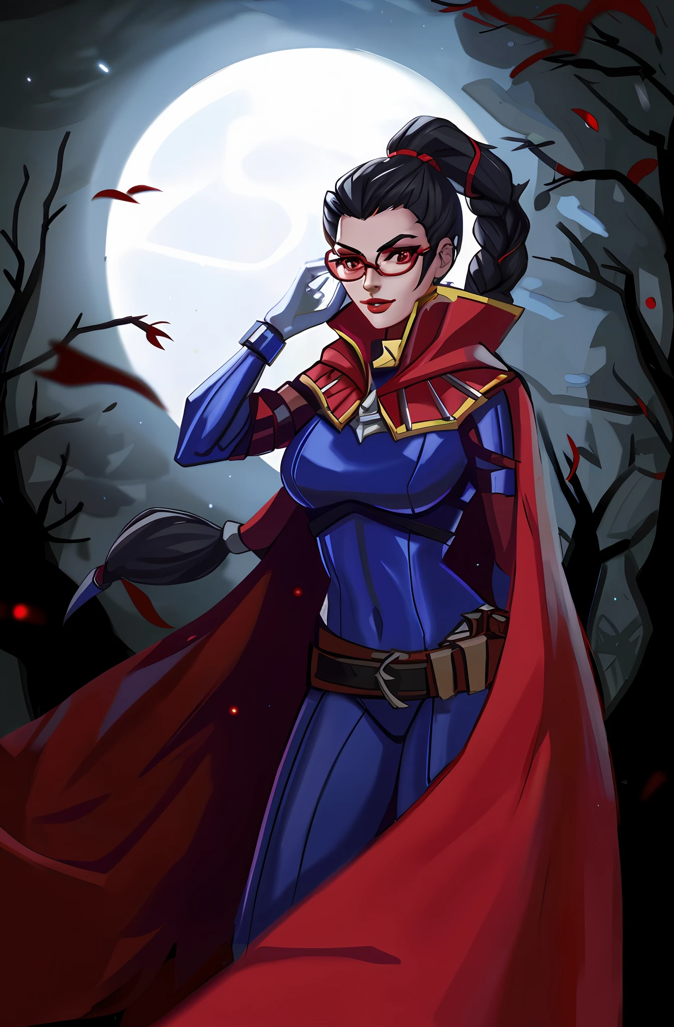 Vayne \(League of Legends\), League of Legends, 1 mature female, red glasses, red cape, red eyes, white skin, gray gloves, brown boots, red lips, long hair tied back in a braid, Athletic bodysuit, slender, open legs, leather belt, long silky black hair, dark blue Lycra bodysuit, ponytail, in a graveyard at night