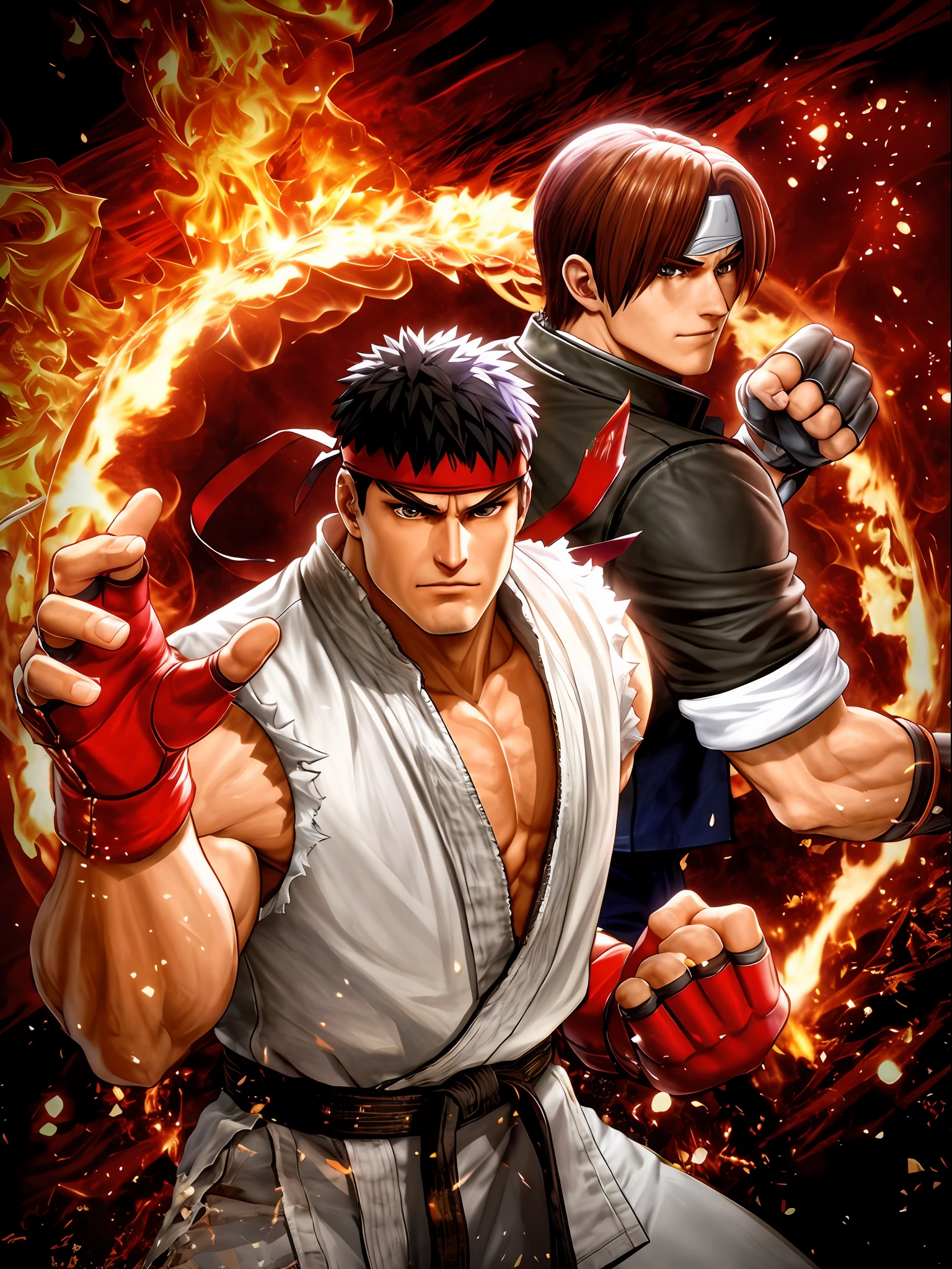 a close up of two anime characters with fire in the background, fighting game, king of fighters style, street fighter, snk, fighting game character, fighters, character from king of fighters, official artwork, hadouken, key art, capcom official media, official art, tekken, fighting stance, shinkiro, textless, tekken 7, fighting pose, hyper detailed faces and bodies, hyper detailed hands and fingers, chiaroscuro, bioluminescent, volumetric and cinematic lighting effects, red flames lightning sparks, 3D render, hyper realistic