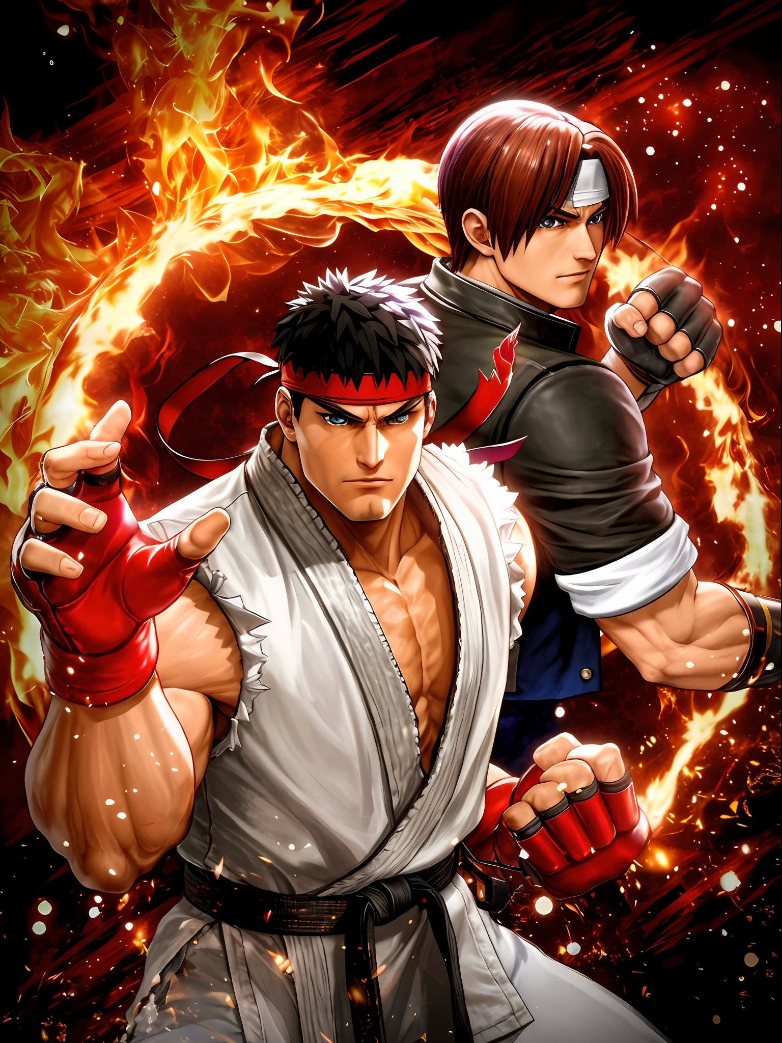 a close up of two anime characters with fire in the background, fighting game, king of fighters style, street fighter, snk, fighting game character, fighters, character from king of fighters, official artwork, hadouken, key art, capcom official media, official art, tekken, fighting stance, shinkiro, textless, tekken 7, fighting pose, hyper detailed faces and bodies, hyper detailed hands and fingers, chiaroscuro, bioluminescent, volumetric and cinematic lighting effects, red flames lightning sparks, 3D render, hyper realistic