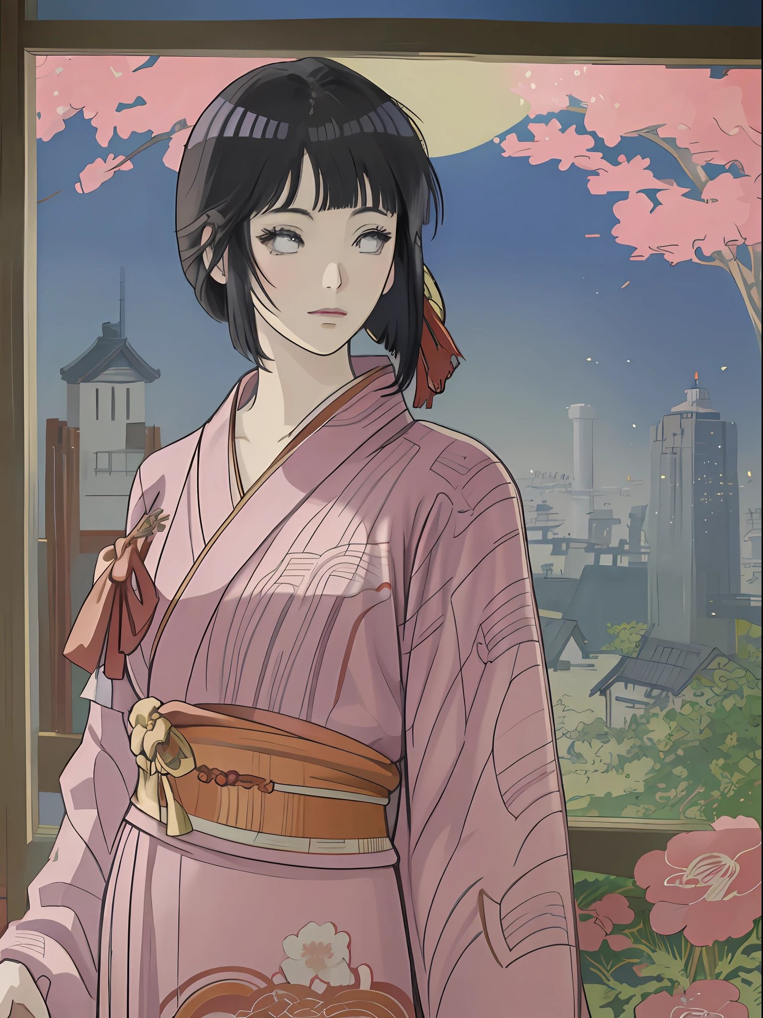 there is a woman in a kimono looking out a window, japanese art style, beautiful anime artwork, in the art style of ukiyo - e, a beautiful artwork illustration, anime art nouveau, anime illustration, in kimono, beautiful anime art, anime art wallpaper 8 k, in a kimono, trending anime artwork, anime art wallpaper 4k, anime art wallpaper 4 k