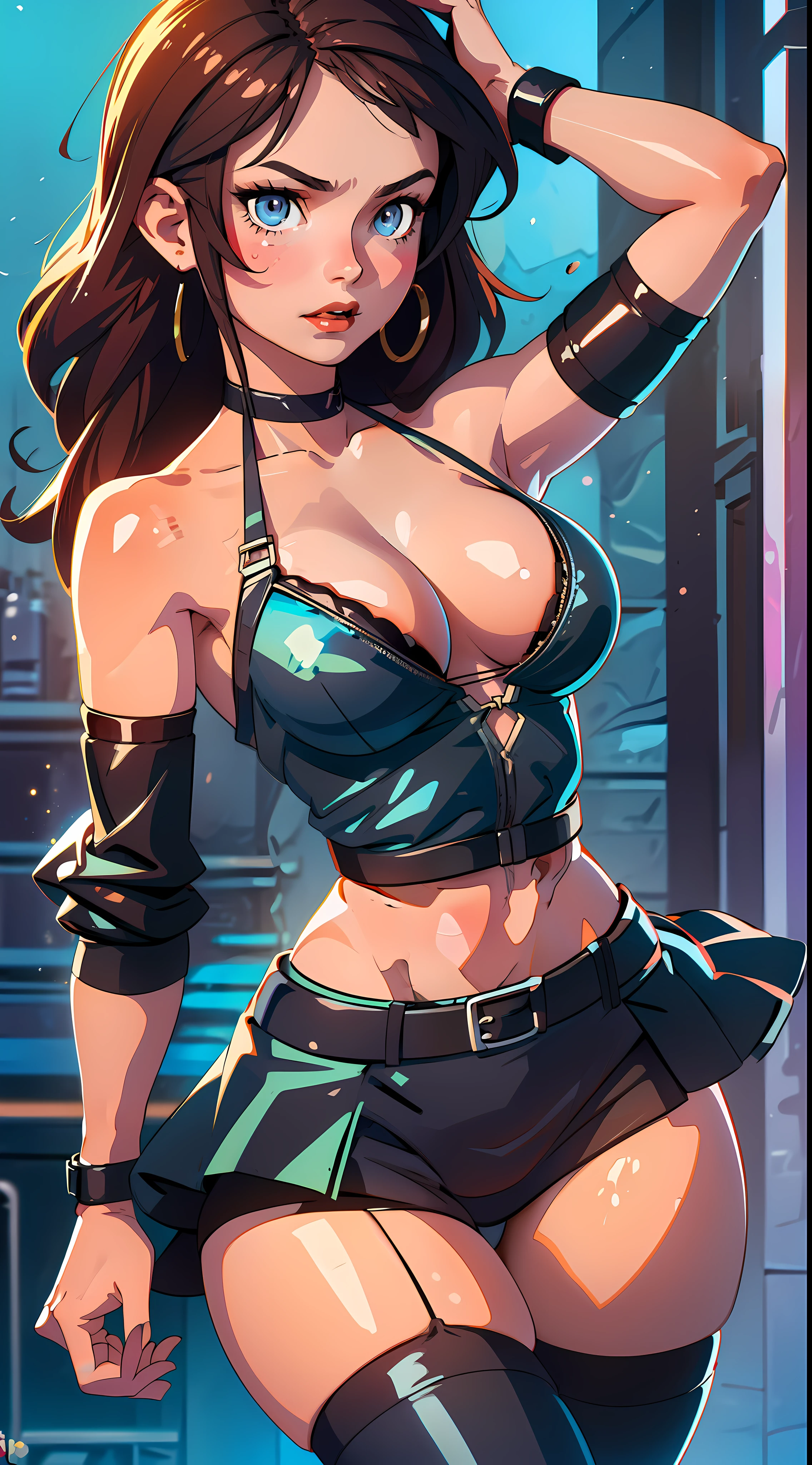 1 girl, action pose, lewd face, sexy, cleavage, brown hair, brunette, blue eyes, collar, black bikini, black skirt, black panties, black bra, thigh highs, short sleeves, armpits, large breasts, wide hips, thick thighs, muscles, abs, no teeth, beautiful face, realistic, ray traced, beautiful eyes, red lipstick