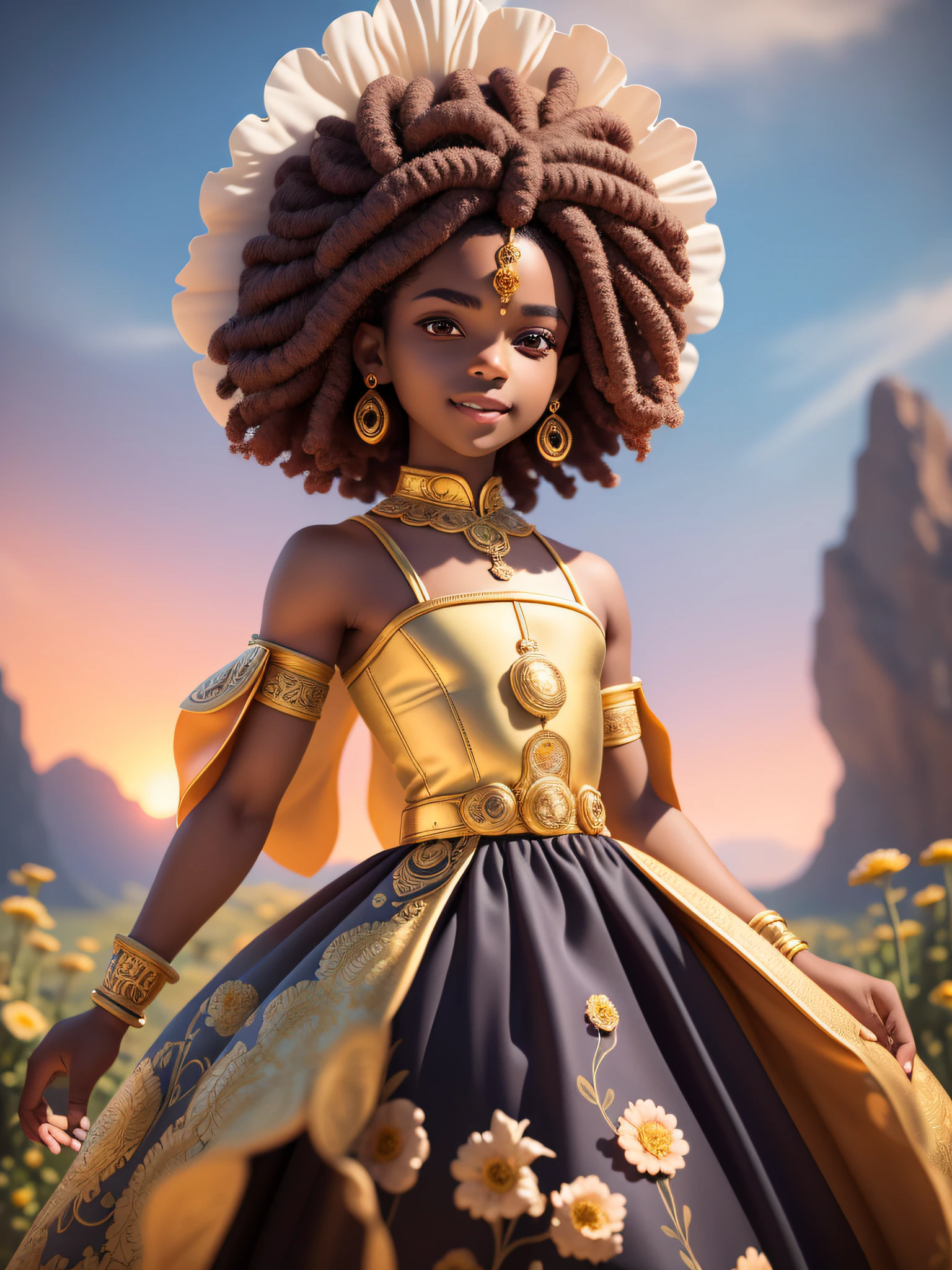 (masterpiece),(best quality),(ultra-detailed), (full body:1.2), black man, teenager, warrior, fantasy universe, confident, light smile, long dress, flower, outdoors, turban, :3, afro clothes, afro dress, prince, blurry, short hair, brown hair, background abstract, sunset (beautiful detailed face), (beautiful detailed eyes),