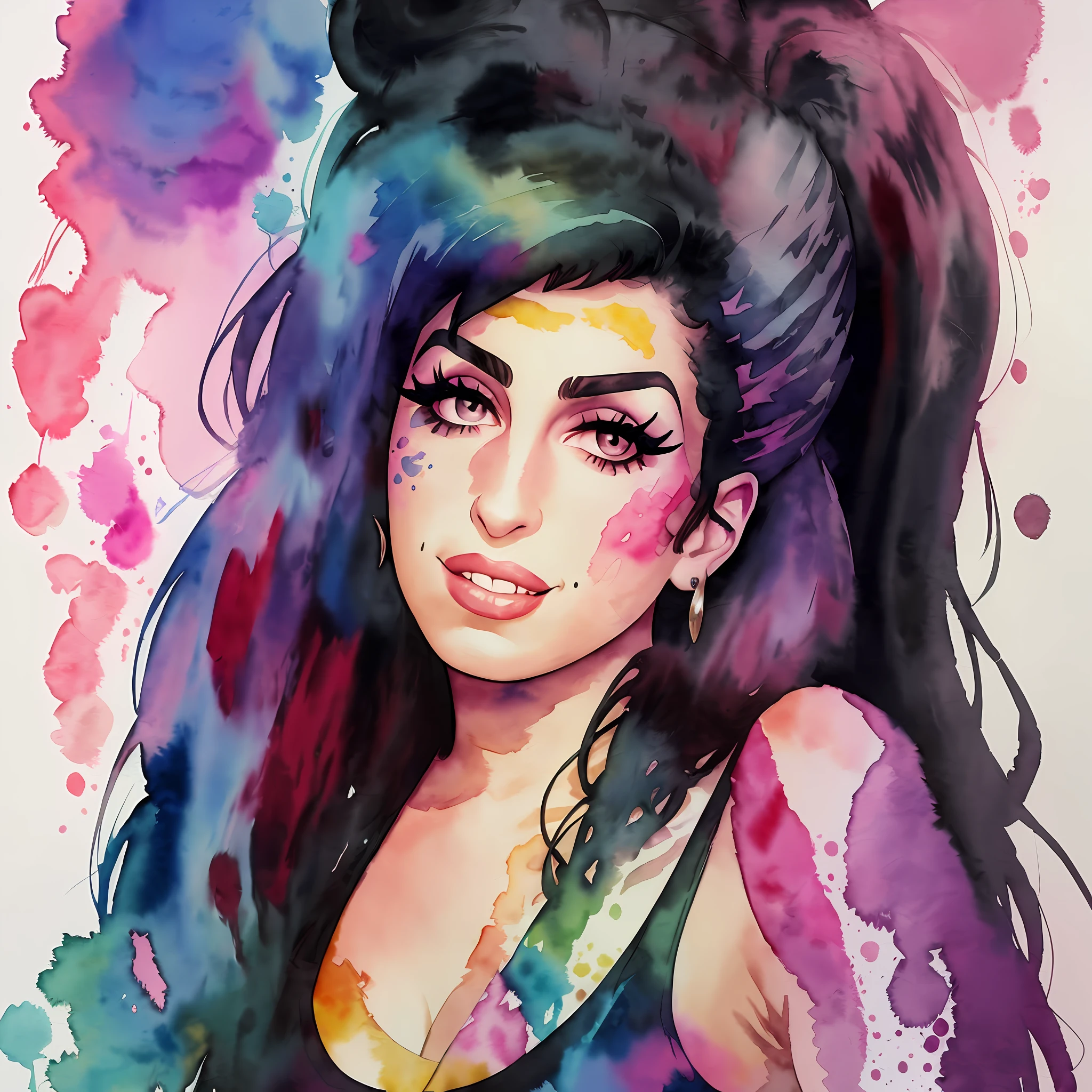 wtrcolor style, Digital art of (Amy Winehouse Cantora-compositora), official art, frontal, smiling, masterpiece, Beautiful, ((watercolor)), face paint, paint splatter, intricate details. Highly detailed, detailed eyes, [dripping:0.5], Trending on artstation, by Rachel Walker --auto --s2