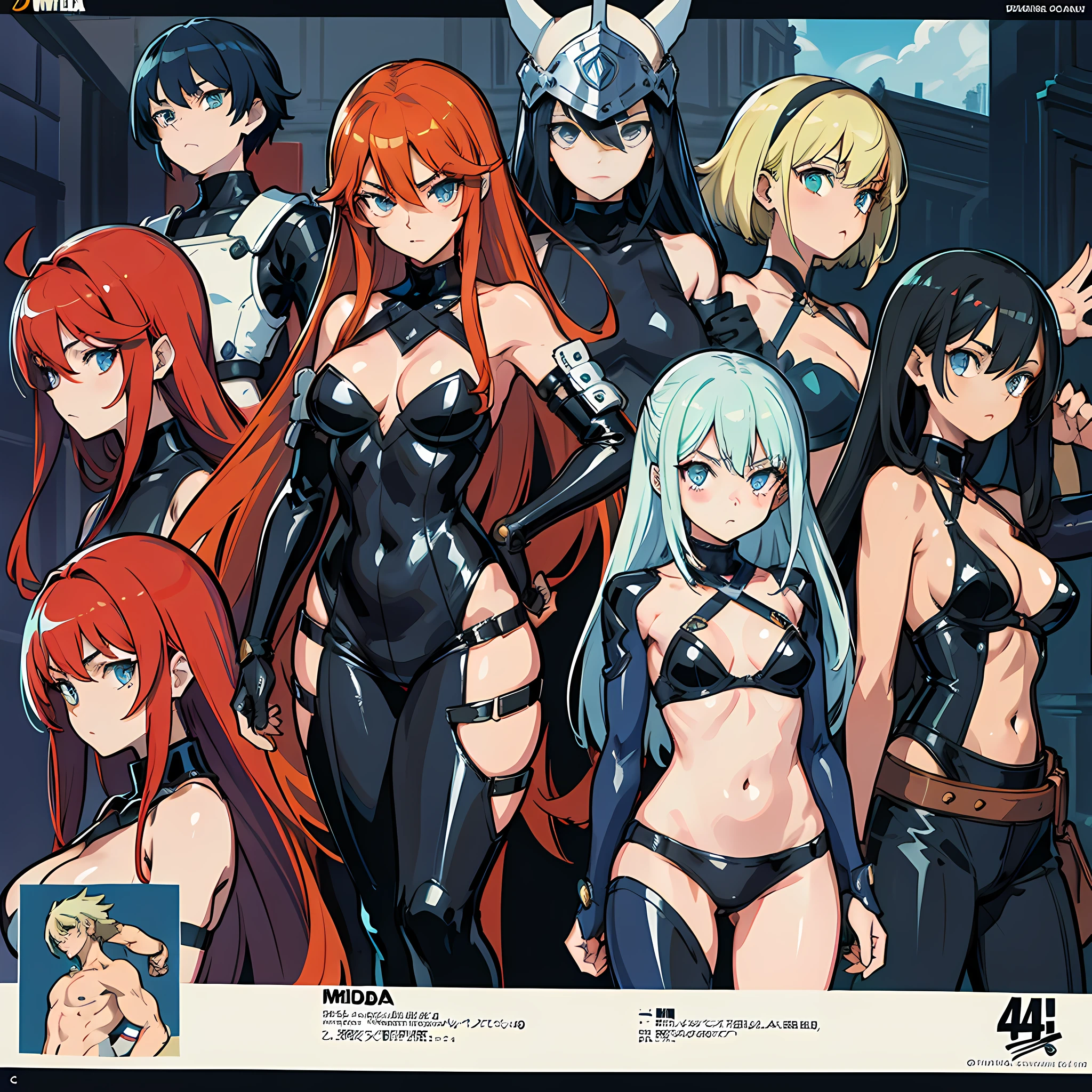 estilo corpo todo, combinando o estilo Guilty Gear -Lutar- with the artistic influence of Yusuke Murata,| staring at camera, Pose do modelo, corpo sexy, model sheet da mesma personagem, 4 angles, em estilo yusuke murata, 4k, cheio de detalhes, mesmo modelo de folha, uma garota usando uma armadura medieval