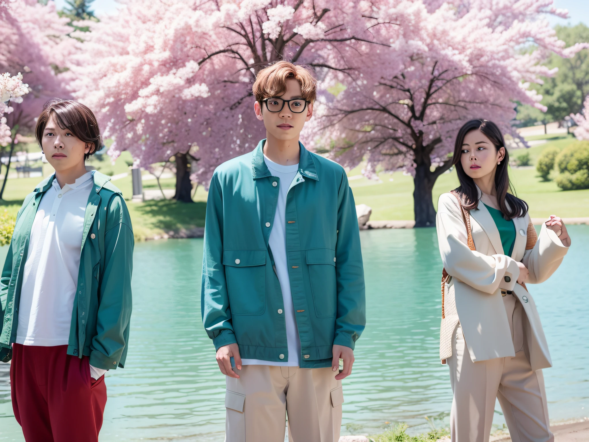 three people standing in a park with a lake in the background, key still, still from a live action movie, promo still, film promotional still, promotional still, photo 1 5 mm, movie promotional image, production still, still from the movie, sunny day, official fanart, uniform off - white sky, promotional picture, promotional movie still, photoshoot, spring day
