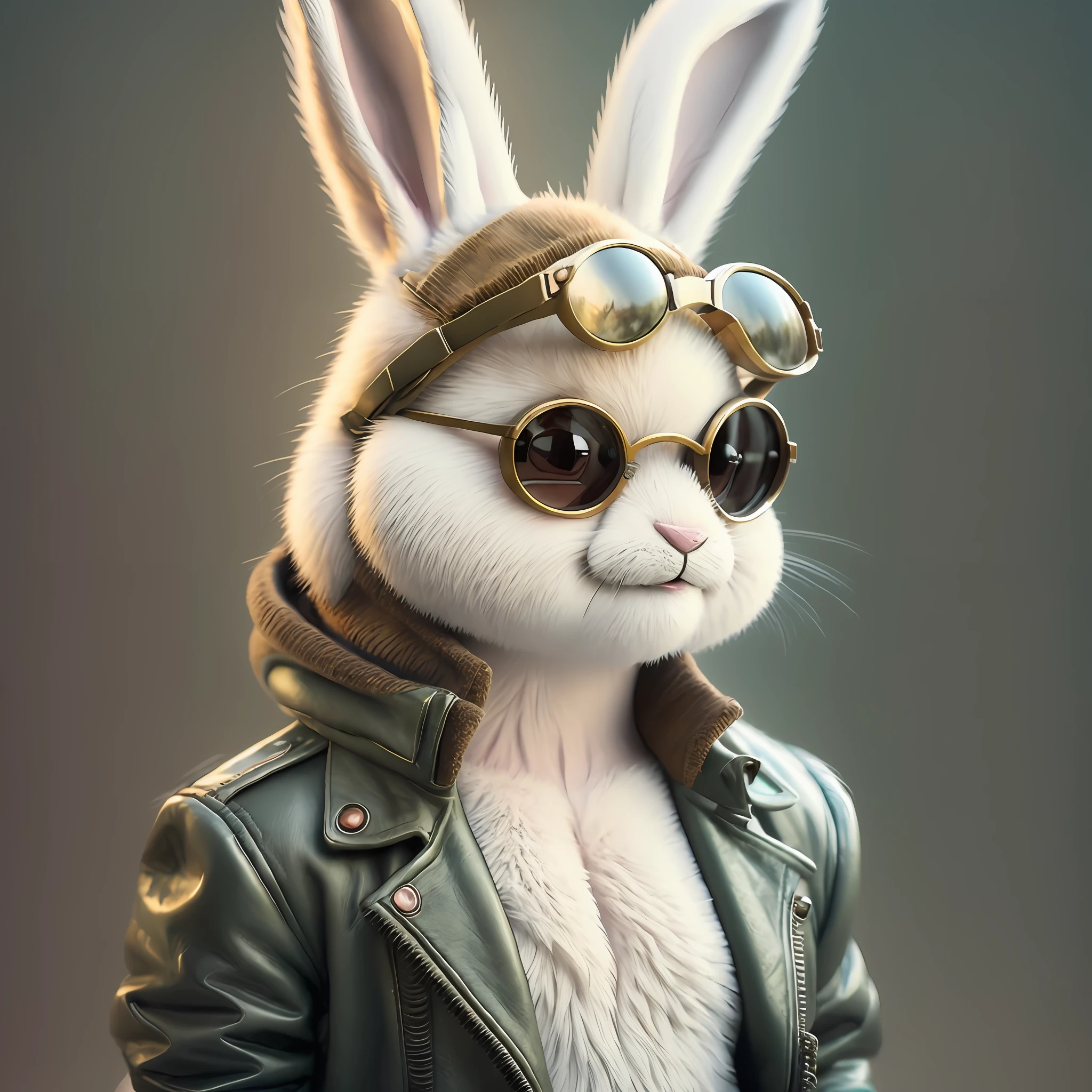 arafed rabbit wearing a leather jacket and goggles, Rabbt_personagem,, anthropomorphic rabbit, Wojtek FUS, hyper real render, cute anthropomorphic bunny, arte do personagem do motor irreal, arte conceitual hiperrealista, arte conceitual ultra realista, arte conceitual fotorrealista, arte conceitual ultrarrealista, Coelho, Retrato de um Bugs Bunny --auto --s2