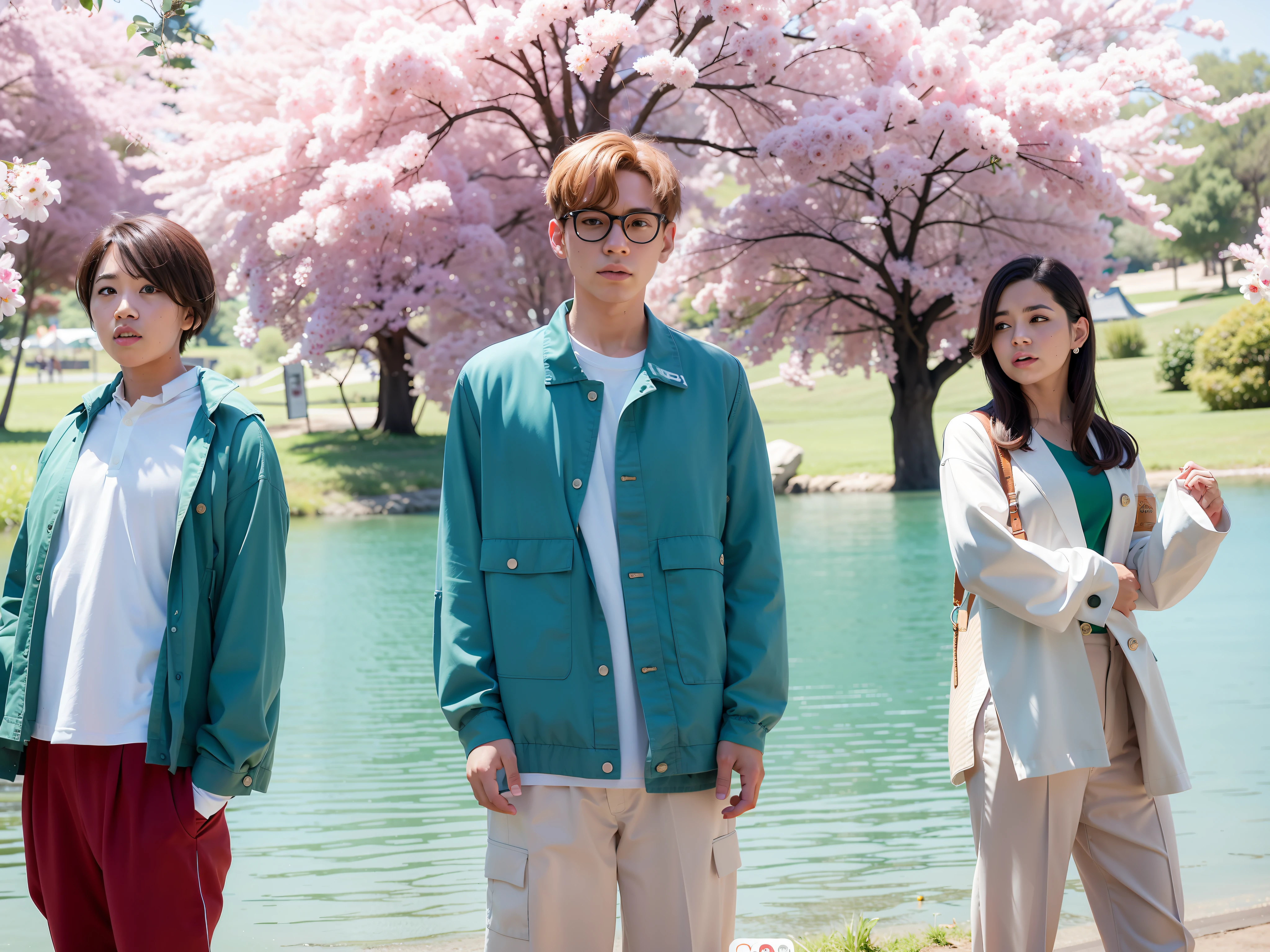 three people standing in a park with a lake in the background, key still, still from a live action movie, promo still, film promotional still, promotional still, photo 1 5 mm, movie promotional image, production still, still from the movie, sunny day, official fanart, uniform off - white sky, promotional picture, promotional movie still, photoshoot, spring day