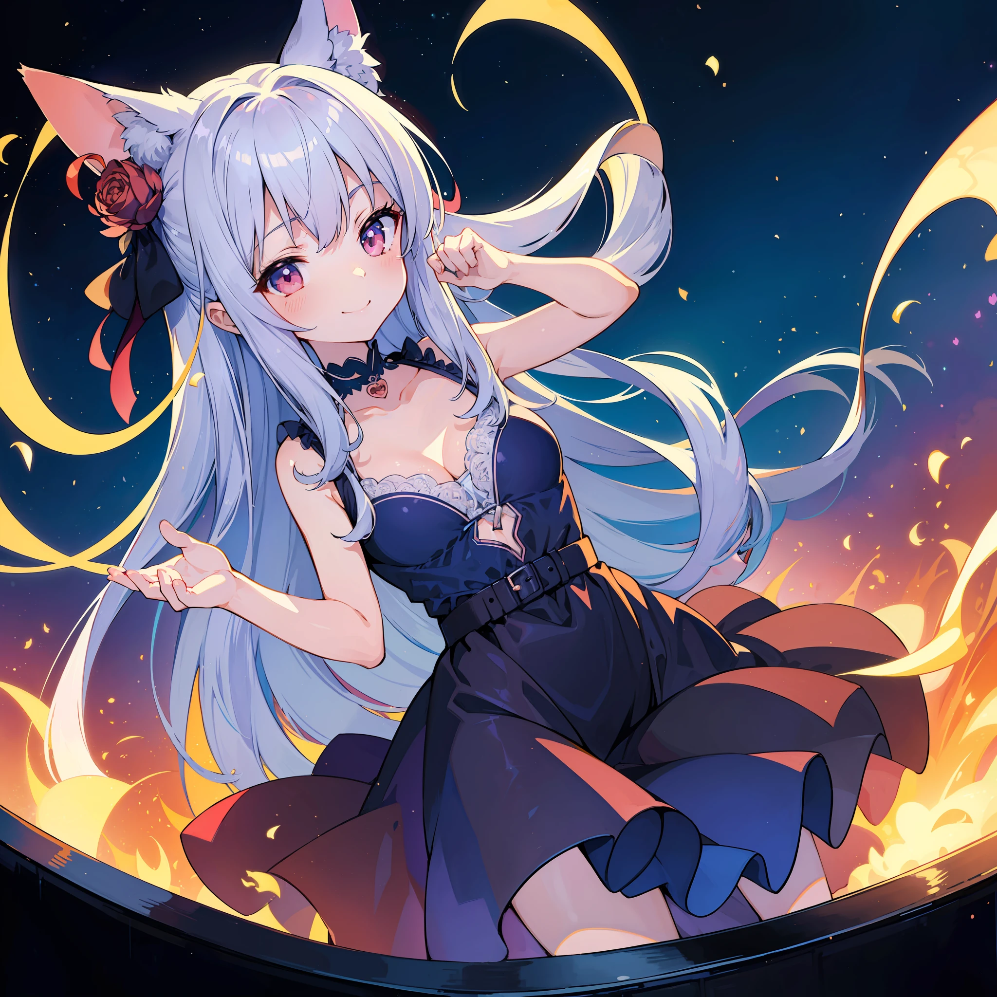 (MASTERPIECE)、(Top quality anime illustrations)、(ultra definition)、girl 1 person、solo、Beautiful girl with silver hair、Anime Loli、Cat eared loli、 Devil Girl、see-through dresses、Sleeveless、a smiling look、Cleavage emphasis、Lower milk emphasis、thights、demons、Official art