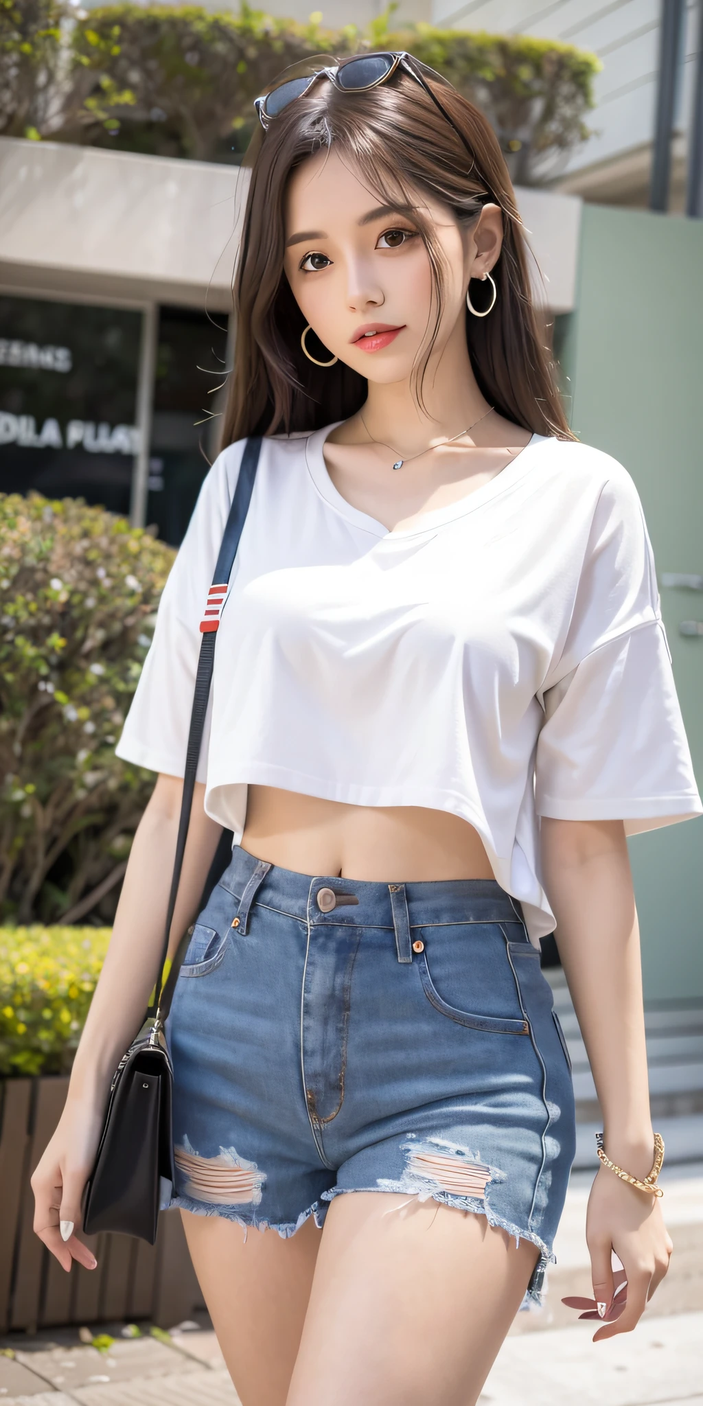 Mulher usa blusa branca e shorts curtos com listra preto e branco fica perto de planta de folha verde, HD papel de parede