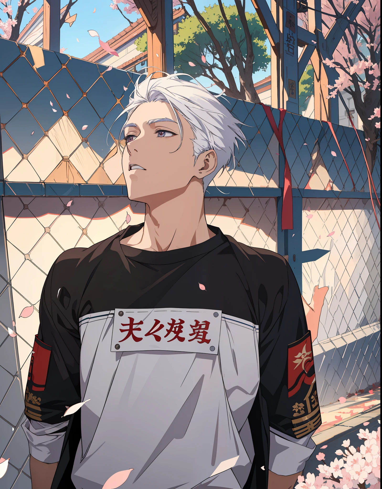 ((Anime style)), ((best quality)), ((masterpiece)), ((HDR+)), (best performance), (best lighting), (a college boy with stylish white hair), wearing a school uniform, in a [college road background on a Sakura tree falling petals], [Wlop], [Takehino Inoue], [Oh! Great]