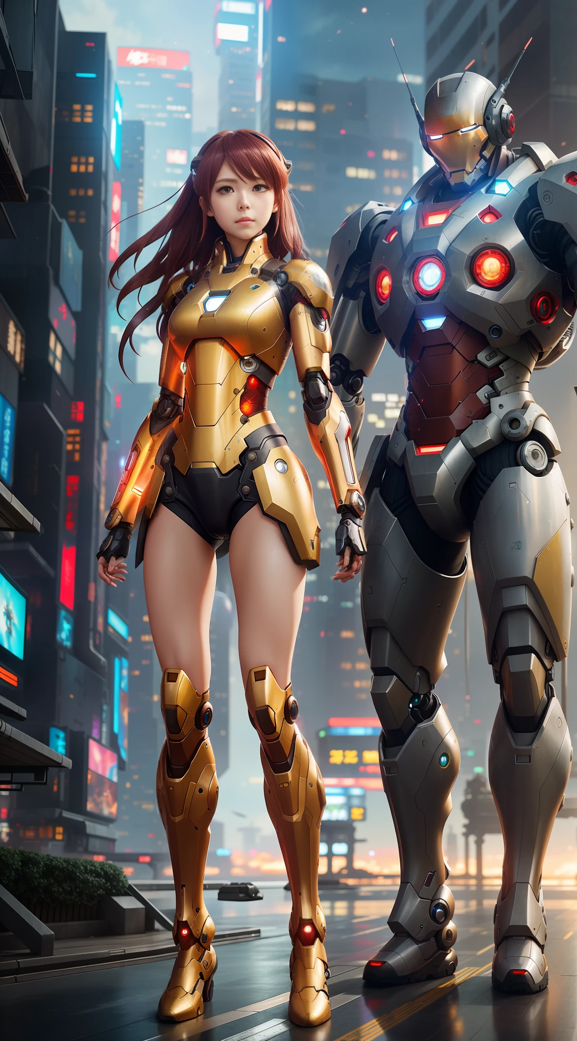 anime characters in a city with a robot and a woman, girl in mecha cyber armor, cyberpunk anime girl mech, cyberpunk iron man, trending on cgstation, cgsociety masterpiece, perfect anime cyborg woman, inspired by Marek Okon, female mecha, cyber suit, diverse cybersuits, mecha suit, digital cyberpunk anime art, cybersuits