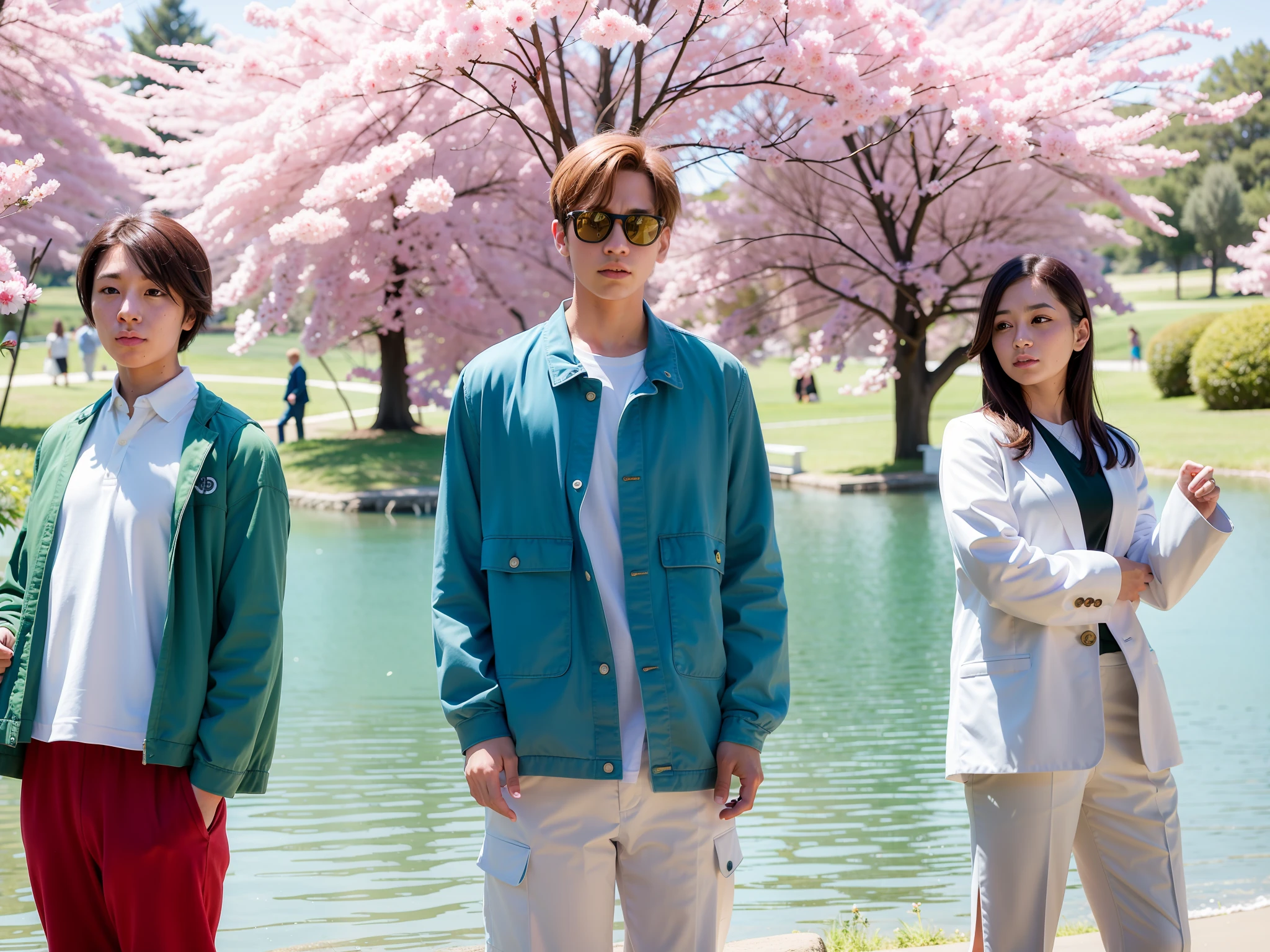 three people standing in a park with a lake in the background, 2 males, 1 female, key still, still from a live action movie, promo still, film promotional still, promotional still, photo 1 5 mm, movie promotional image, production still, still from the movie, sunny day, official fanart, uniform off - white sky, promotional picture, promotional movie still, photoshoot, spring day