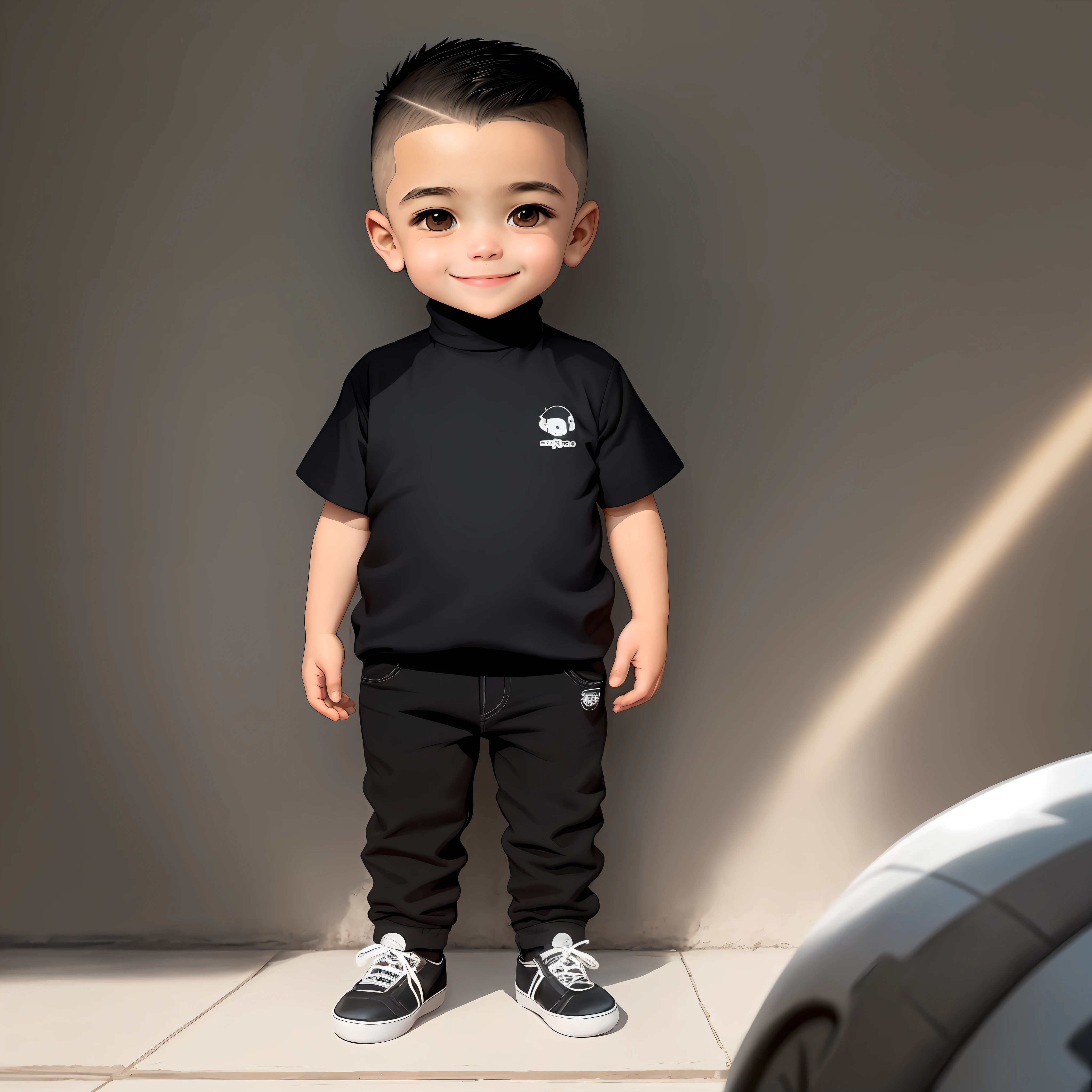 obra-antes, best illustration, Character baby boy smiling ((sorriso largo)) bonito e alegre 2 s de idade com cabelos liso estilo raspado nas laterais curto liso, olhando para o espectador, em um fundo branco em pleno crescimento, in a black turtleneck shirt and black pants, black sneakers, imagem altamente detalhada, foco diferente, cinematic look, hiper detalhe