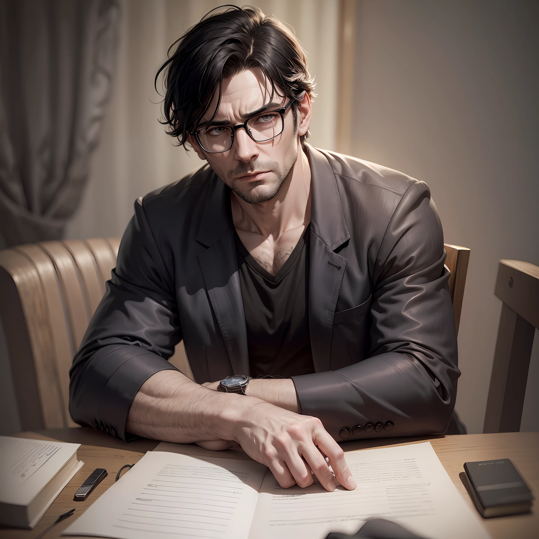 Extremely pale serious and handsome beardless middle age man with glasses and black hair with scars on his face alone on a table