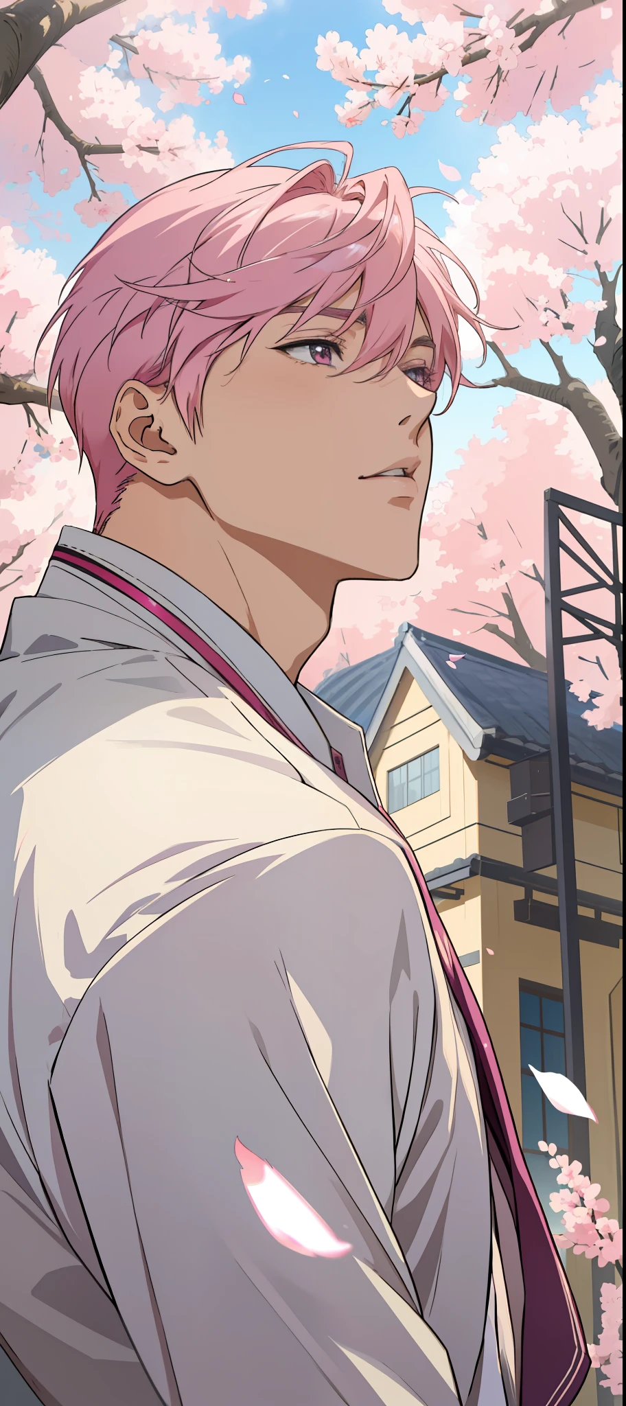 ((Anime style)), ((best quality)), ((masterpiece)), ((HDR+)), (best performance), (best lighting), (a college boy with stylish pink hair), wearing a school uniform, in a [college road background on a Sakura tree falling petals], [Wlop], [Takehino Inoue], [Oh! Great]