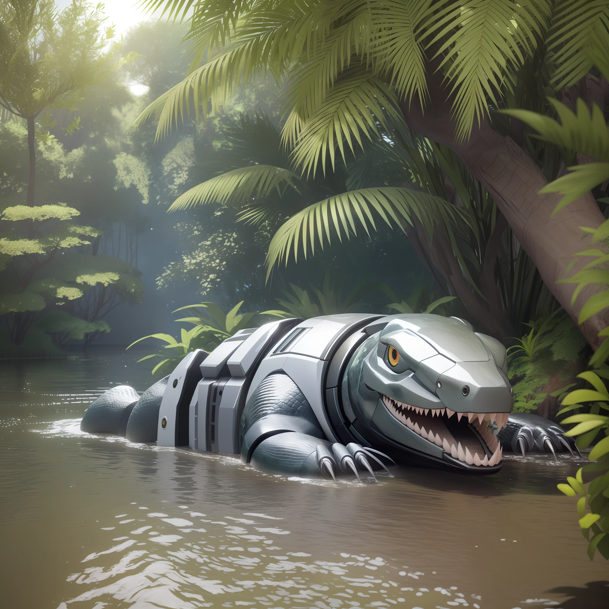 photo realistic, Realistic, detailed eye, 8k uhd, dslr, high quality, film grain, photorealism, lomography, Alligator space robot, The full body is white, purple eyes, harmonious face, Long mouth and wide mouth, medium long tail. Lying next to the swamp, light sunshine, cool breeze, (on the far right are some small island, 1.4), (there are some big tree, 1.5), and the scenery is harmonious and beautiful, robot , robotic Alligator, Lying next to the swamp, cute 3 d render, mech shaped like a manatee, stylized digital illustration, stylized as a 3d render, beach on the outer rim, rendered in cinema4d, rendered in cinema 4 d, 3 d render stylized